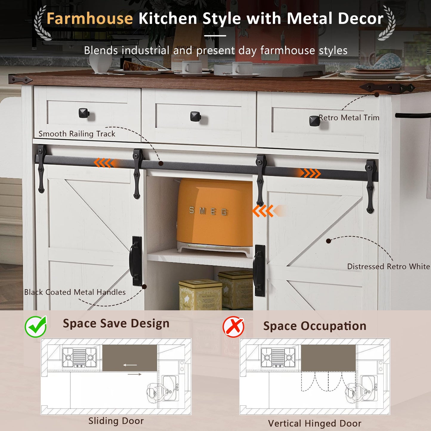EQEY 53.7" Farmhouse Kitchen Island with Power Outlet, 2 Sliding Barn Door Kitchen Storage Island with Drop Leaf, Spice Rack Rolling Kitchen Cart on Wheels, for Home, Kitchen and Dining Room, White
