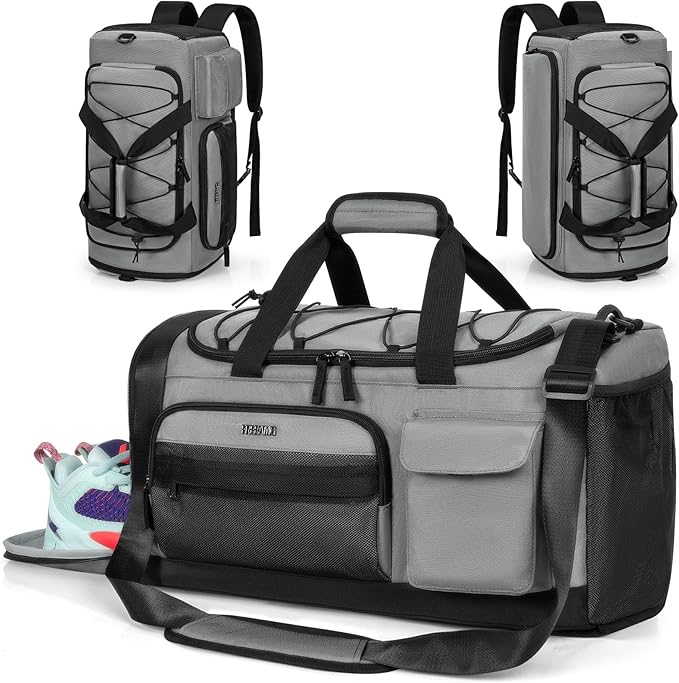 Gym Bag for Women & Men, Sports Travel Duffle Bag with Shoe Compartment, Anti-Theft Carry On Weekender Bag, Water Resistant Overnight Backpack for Airplane, Gym, Travel (Grey)