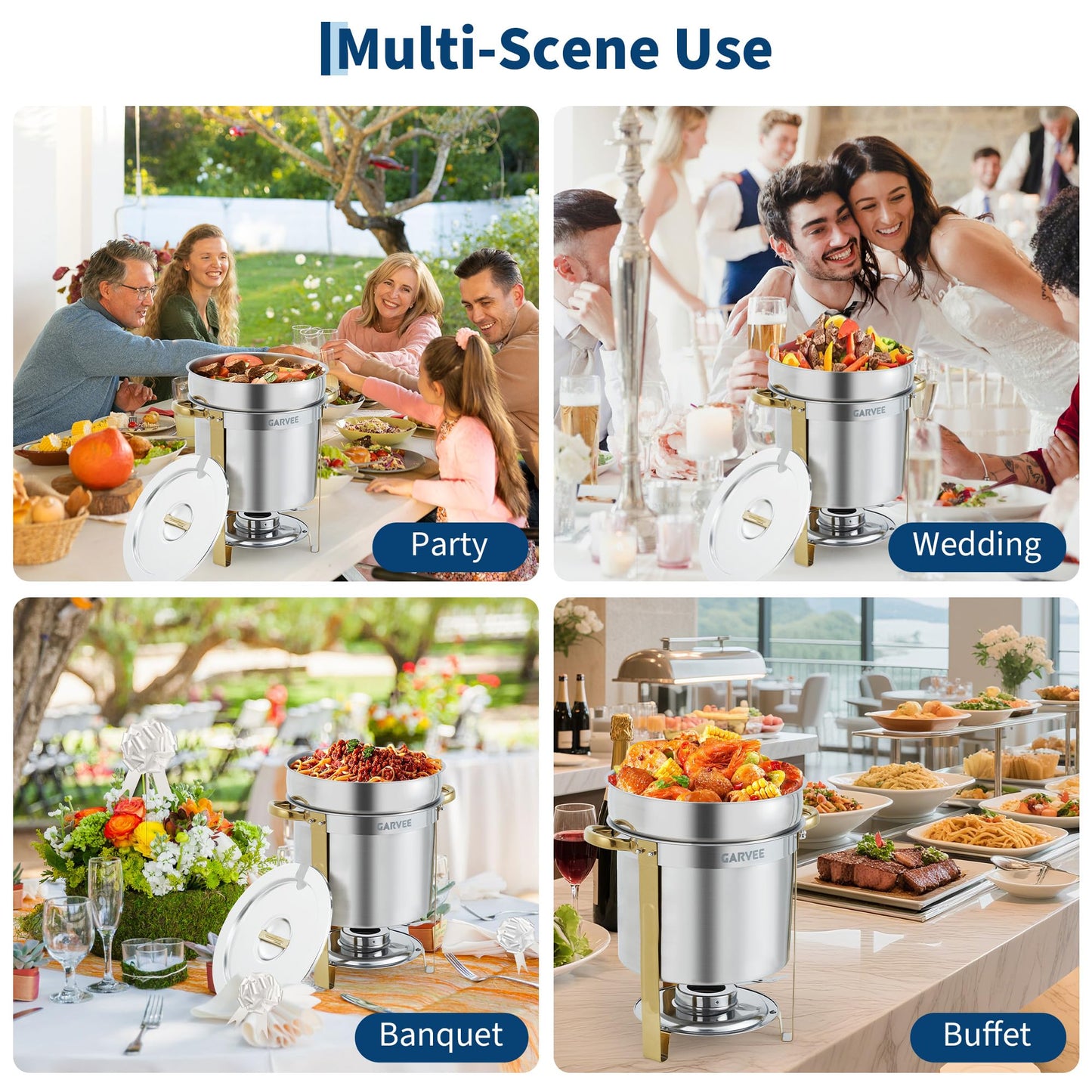 7QT Commercial Soup Warmer, 2 Pack Stainless Steel Round Soup Chafer with Pot, Notched Lids & Fuel Holders, Food Warmer for Buffets Parties Wedding Banquets Catering, Gold