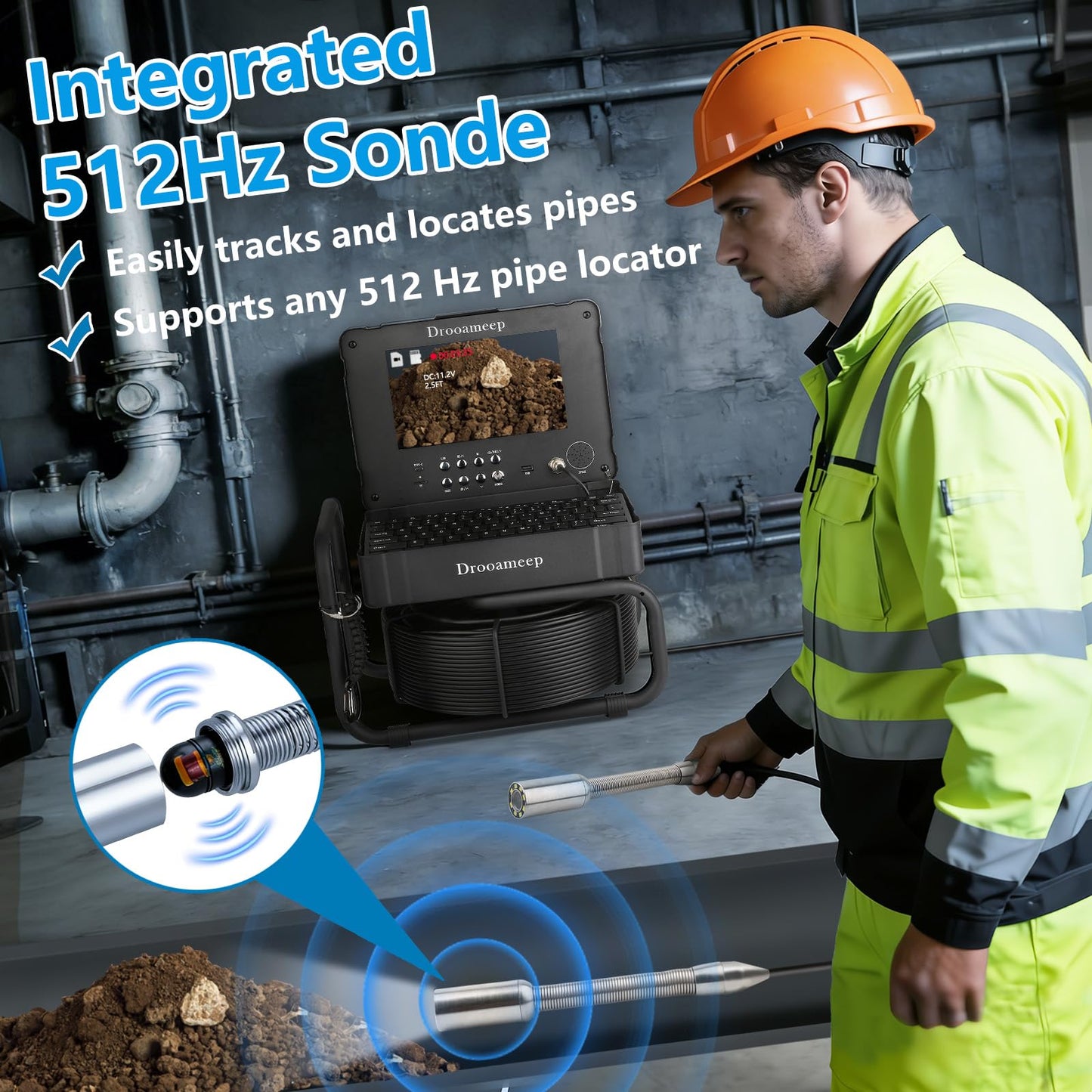 Drooameep Sewer Camera 100ft, Self Leveling Drain Camera, Plumbing Camera with 512Hz Sonde, Video & Voice Recorder, 3X Zoom, 9" Screen, 10000mAh, IP68, 32GB, 8 LED, for Drain Sewer Duct Plumbing