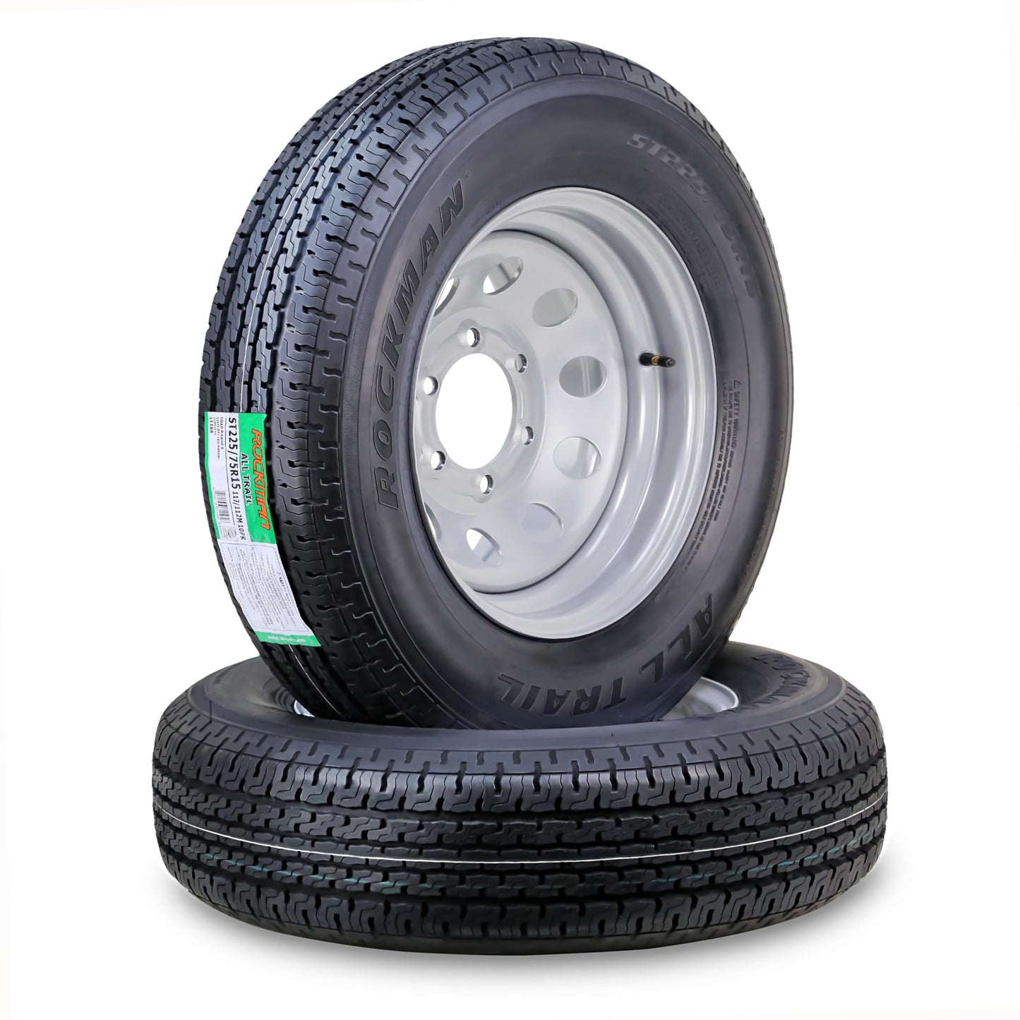 ROCKMAN Trailer Tire Wheel Assembly ST225/75R15 10-Ply E 117M 6 Lug on 5.5" PCD Silver Mod Rim,SET 2