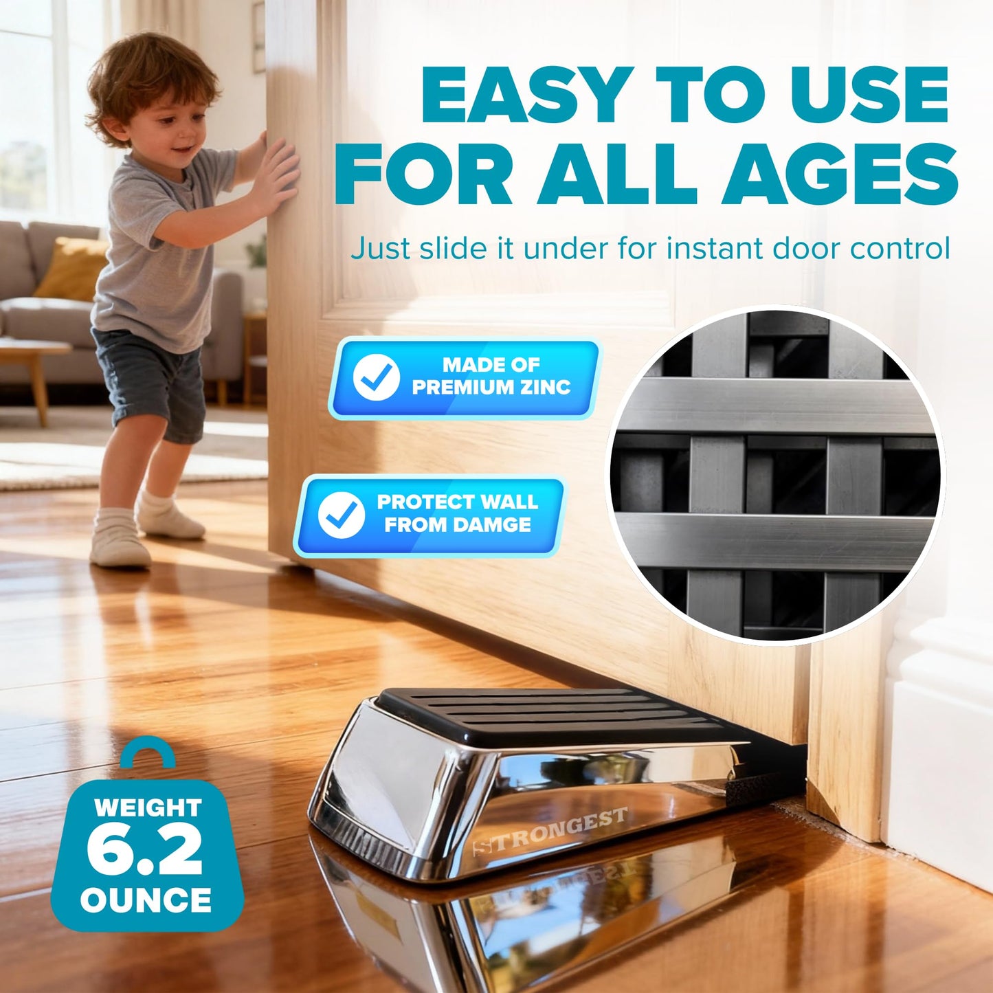 Strongest Home Heavy Duty Door Stopper Wedge (2 Chrome PCs) | Non-Slip Rubber and Metal Door Stop for Heavy Doors | Work on Wood, Tile, Carpet + 2 White Wall Protectors