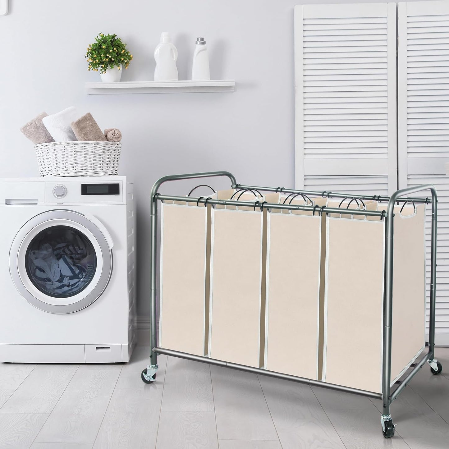Storage Maniac Laundry Sorter - 4-Section 47.8 Gal Hamper Cart with Wheels & Removable Bags - Beige