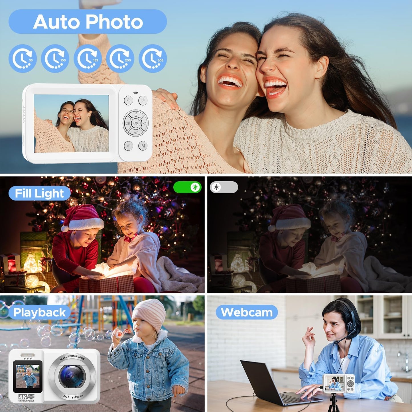 CAMWORLD 4K 64MP 18X 32GB Digital Camera, UHD Dual Screens Camera, Digital Zoom, Portable Point and Shoot Camera