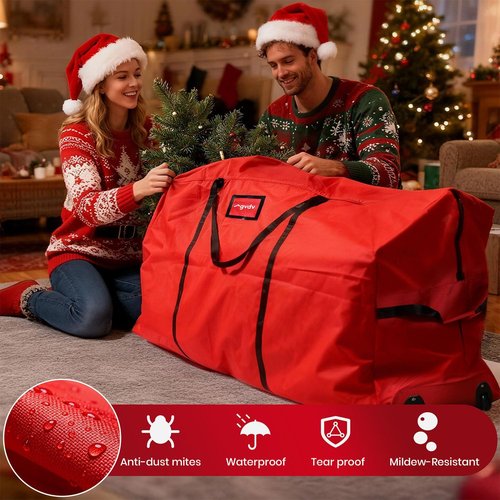 GVDV Christmas Tree Storage Bag - Waterproof 600D Oxford Canvas for 7.5 Ft Trees | Heavy-Duty with Wheels & Handles, Red