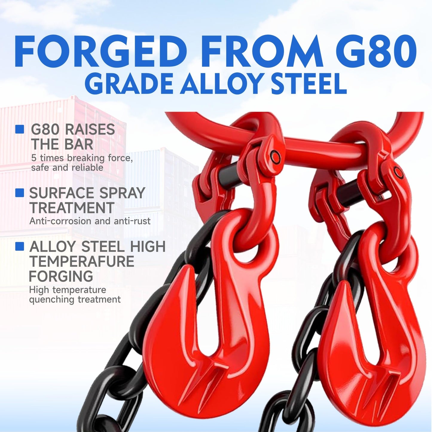 Shipping Container Loading Chain(1/2" x 5'),G80 with Double Locking Safety, 8800 lbs Capacity for 20FT 40FT Conex Container Accessories, Truck & Trailer