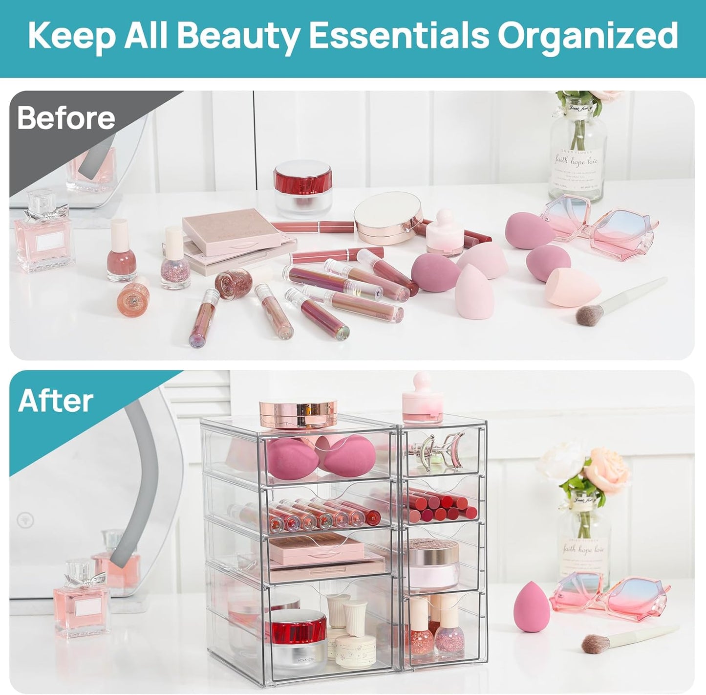 Vtopmart Acrylic Organizer - 8 Drawer Clear Makeup & Office Storage Solution | Dustproof Design