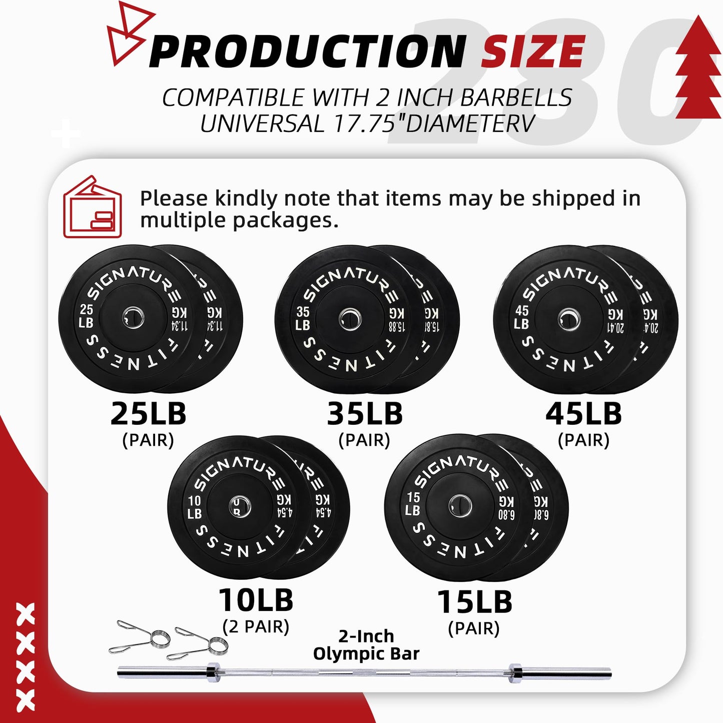 Fitvids 2-Inch Olympic Bumper Weight Plates Including 280 LB Weight Plates & 7FT Olympic Barbell Bar, Black