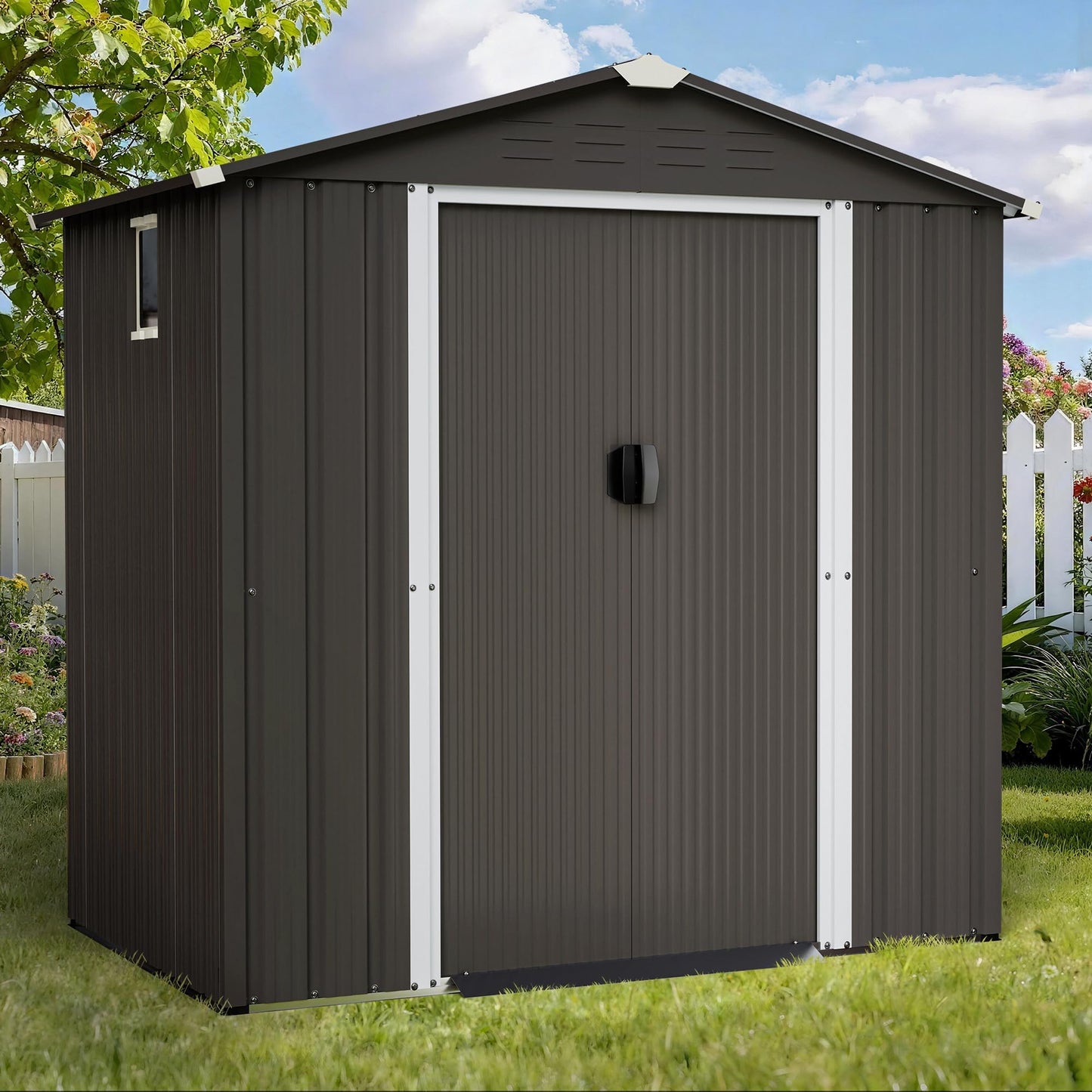 Shintenchi 6x4 FT Outdoor Storage Shed with Window, Lockable Outdoor Waterproof Tool Storage Sheds, Weather Resistant Tool Storage House Shed for Garden, Backyard,Patio Utility Tool Storage,Steel Grey