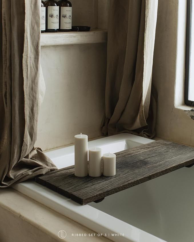 LAWA Roman Handmade Tall Ribbed Pillar Candle - Beautiful Scented Soy Wax Stripped Dinner Candle | Classic Aesthetic Decoration Set | Housewarming Gift | Home Room Shelf Decor Idea - White (Set of 3)