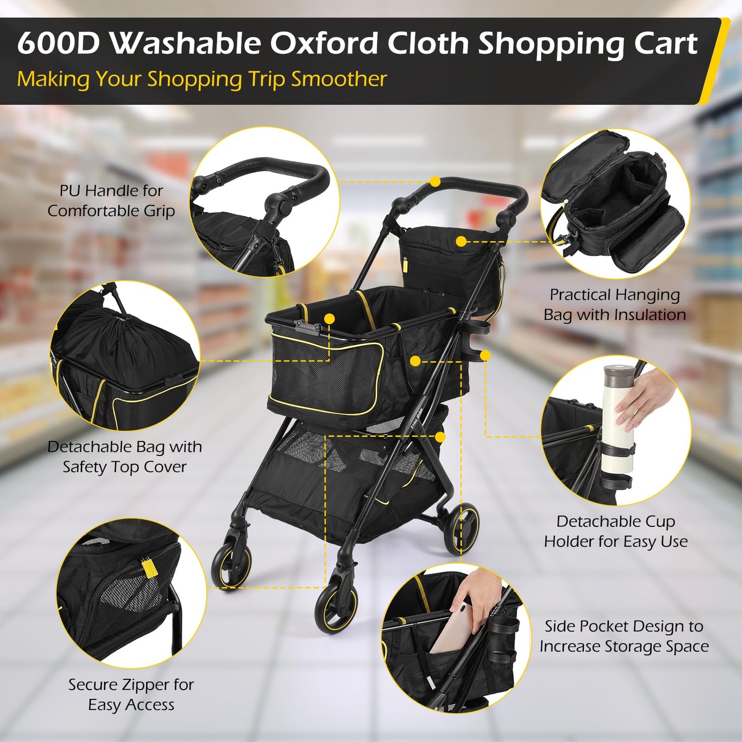 Dyna-Living Shopping Cart for Groceries Adjustable Handle Folding Shopping Carts on Wheels, 70 LBS Grocery Cart Personal Shopping Cart Foldable, Lightweight Aluminum Frame & 600D Oxford Fabric