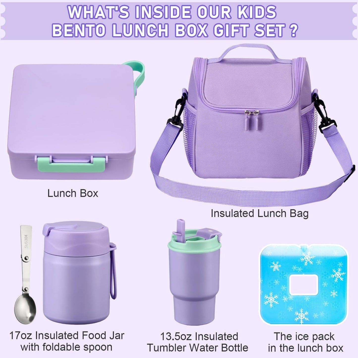 Bento Lunch Box for Kids with 17oz Soup Thermo,Insulated Tumbler Water Bottle and Insulated Lunch Bag,Leak-Proof 3 Compartment Lunch Food Container with Ice Pack for Kids to School-Purple