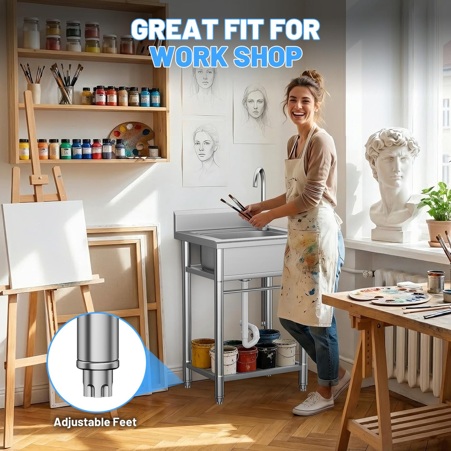 Utility Sink Free Standing Single Bowl Kitchen Sink with Cold and Hot Water Pipe Stainless Steel Sink for Garage Shop Laundry Room Basement Garden Farmhouse Mens Gifts Ourdoor Indoor fregadero