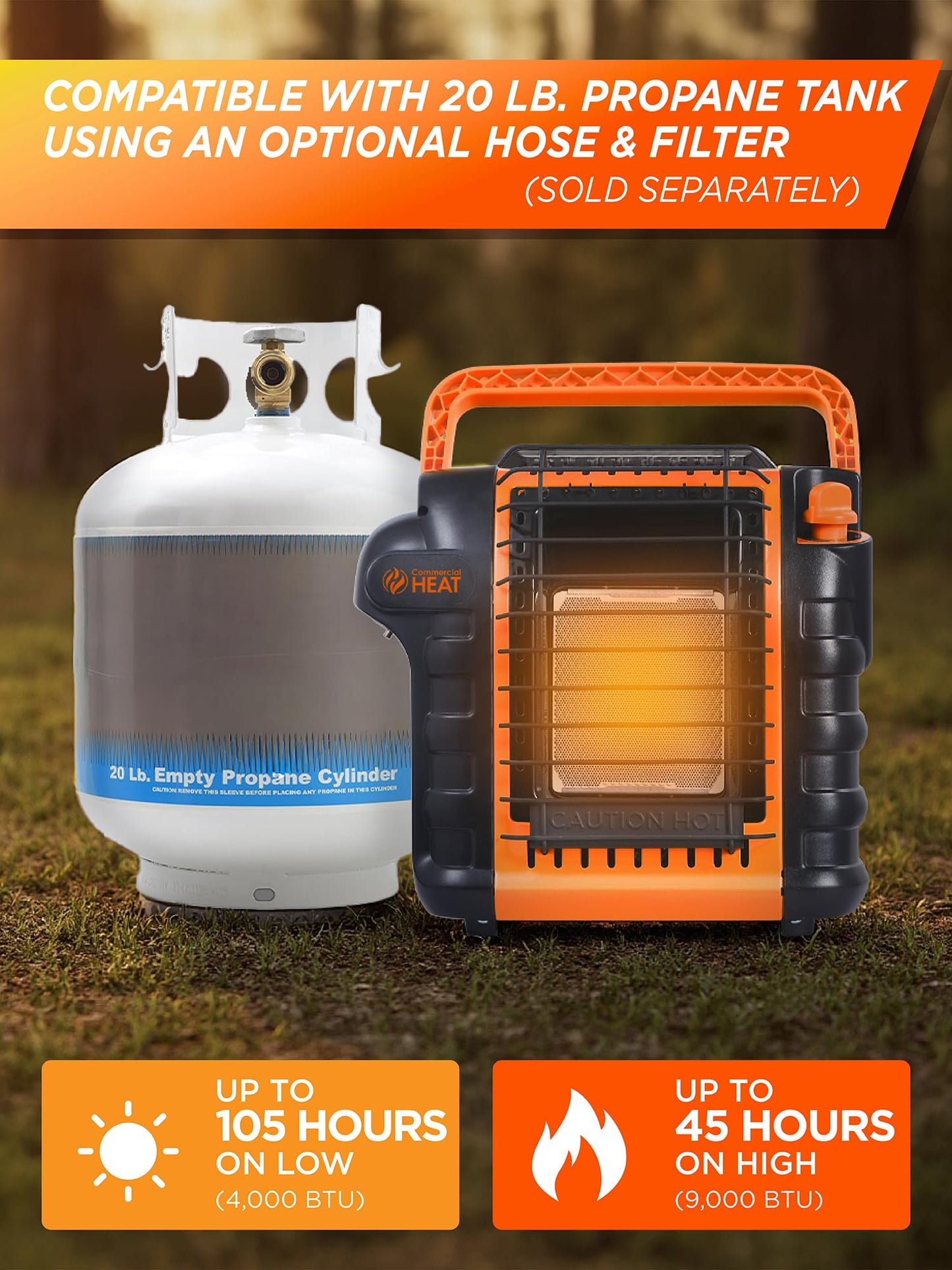 Commercial Heat 9000 BTU Portable Propane Heater for Outdoor Use, Patio Heater for Up To 300 Sq. Ft., 2 Heat Settings, Swivel Regulator Connects to 1 lb. Propane Tank, CHP9000O, Orange