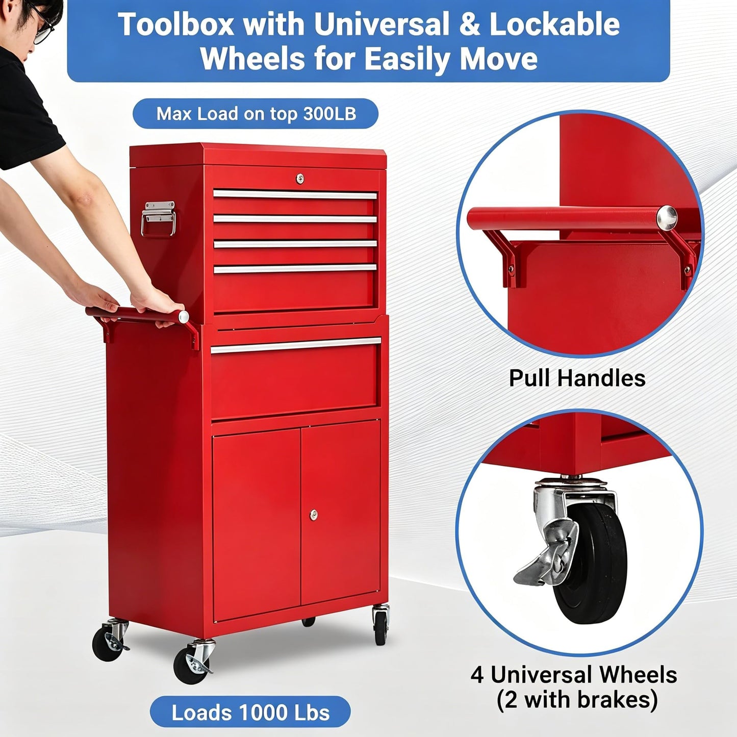 SierraSquad Heavy Duty 8-Drawer Rolling Tool Chest, 2-in-1 Detachable Top Tool Box, Locking Steel Storage Cabinet Cart on Wheels, Red