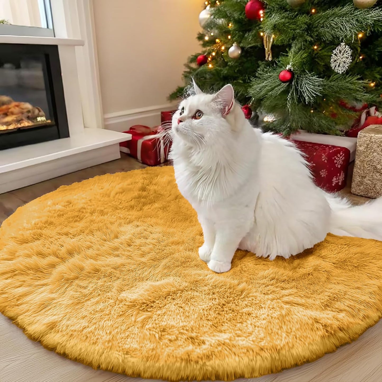 OLANLY Round Mustard Yellow Area Rug - Soft, Fluffy, Machine Washable 3 ft Circle Carpet for Bedroom & Living Room Decor