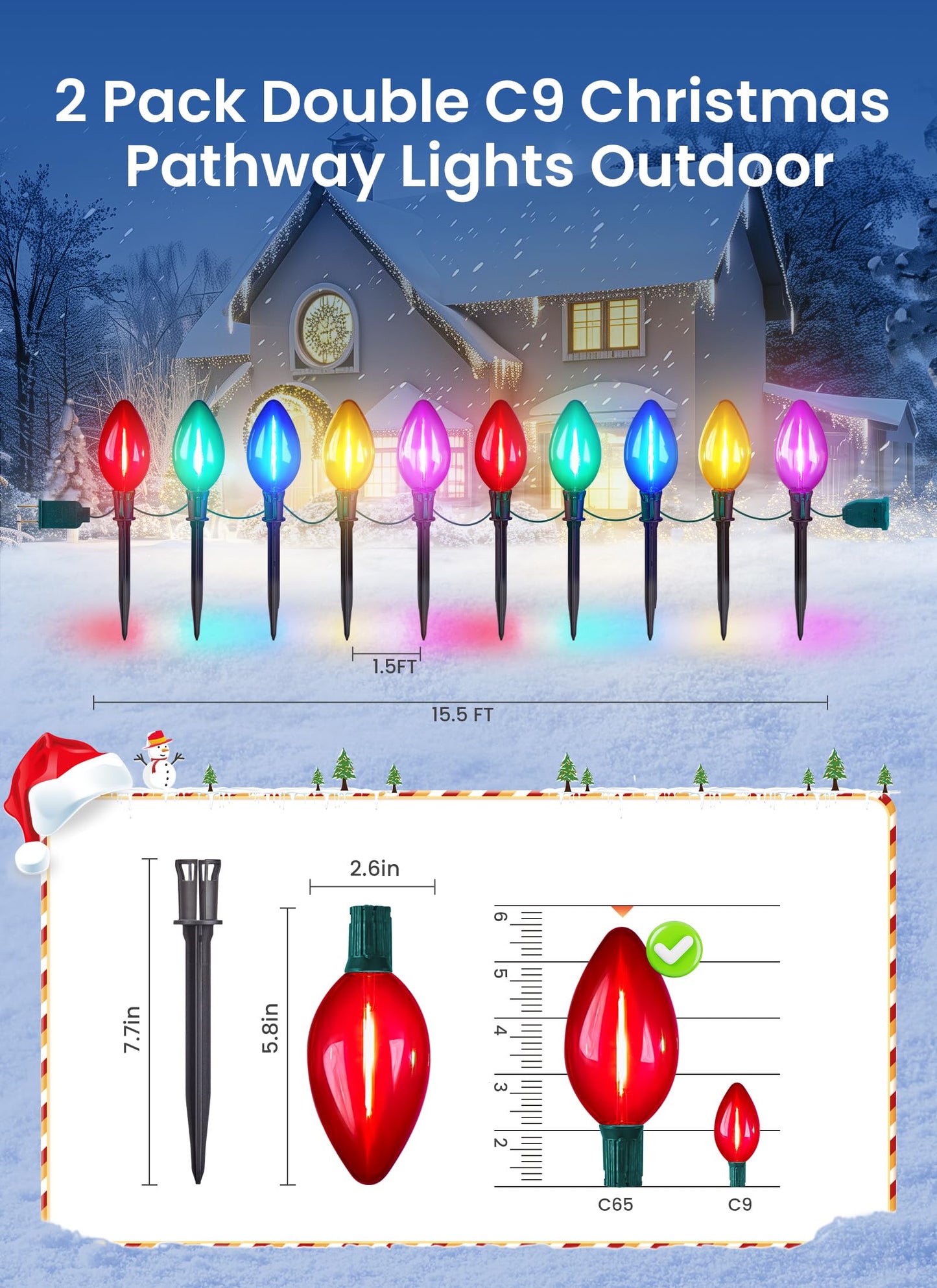 Minetom C9 Christmas Pathway Lights, 2 Pack 13.5Ft, 10 LED, Waterproof, Multicolor, Model GY-C-50.6-U-B1