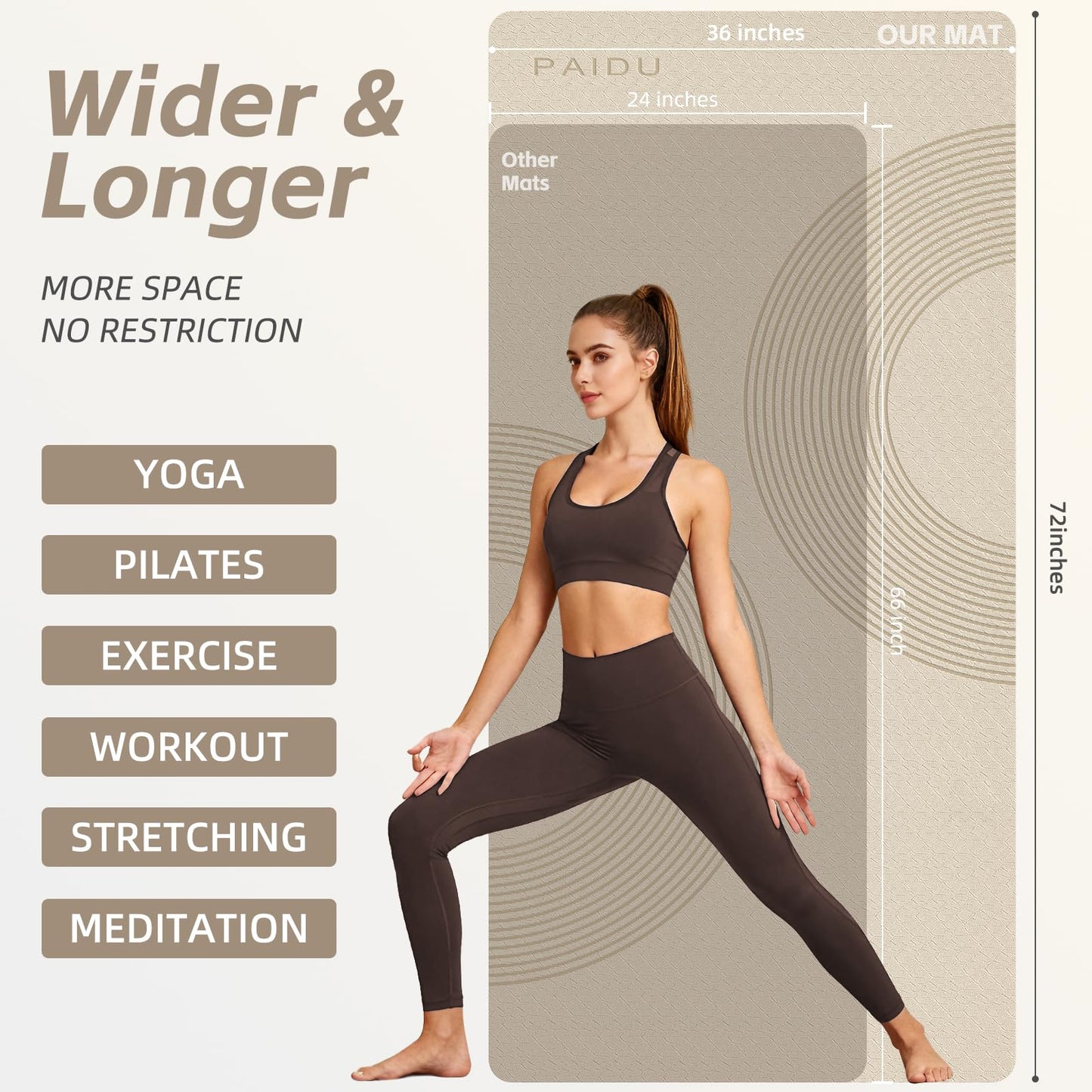 PAIDU Large Yoga Mat, 72" x 36" x 2/5"（10MM） Thick Non-Slip Exercise Mat, SGS-Certified POE Material, Ideal for Home Gym, Yoga, Pilates, Fitness Workouts & Floor Mat (Beige - Double C)