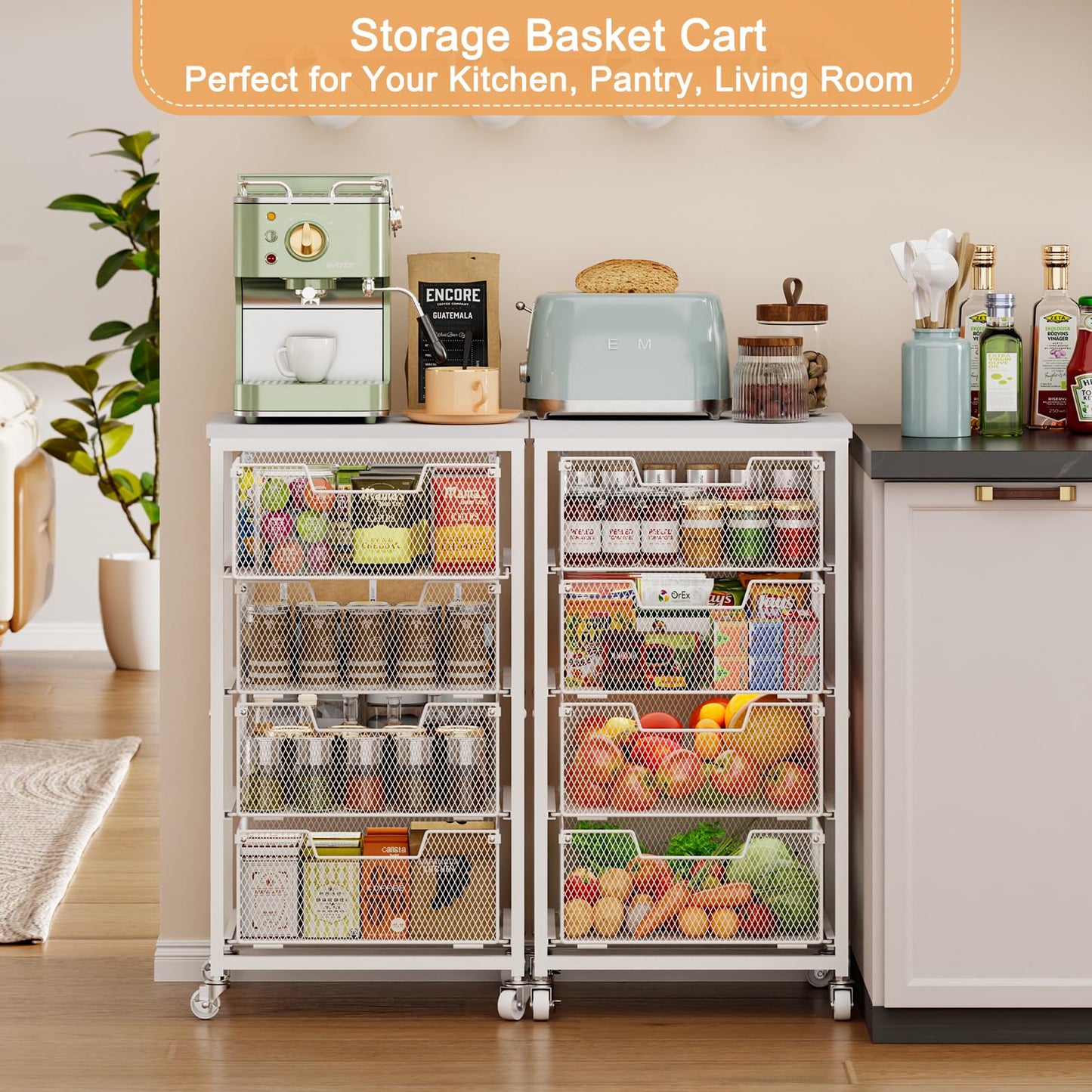 4-Tier Kitchen Storage Cart - Fruit Vegetable Storage Cart with Drawers, Wooden Top Metal Wire Kitchen Organizer and Storage Cart with Wheels to Storage Onions Potatoes Cans Snacks for Kitchen