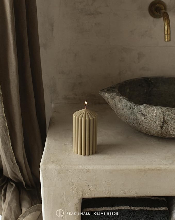 LAWA Ribbed Peak Pillar Candle - Large Beautiful Handmade Pillar Scented Soy Wax Candle Elegant Bubble Aesthetic Candle Housewarming Gift Home Room Shelf Decor Idea Olive Beige (Small)