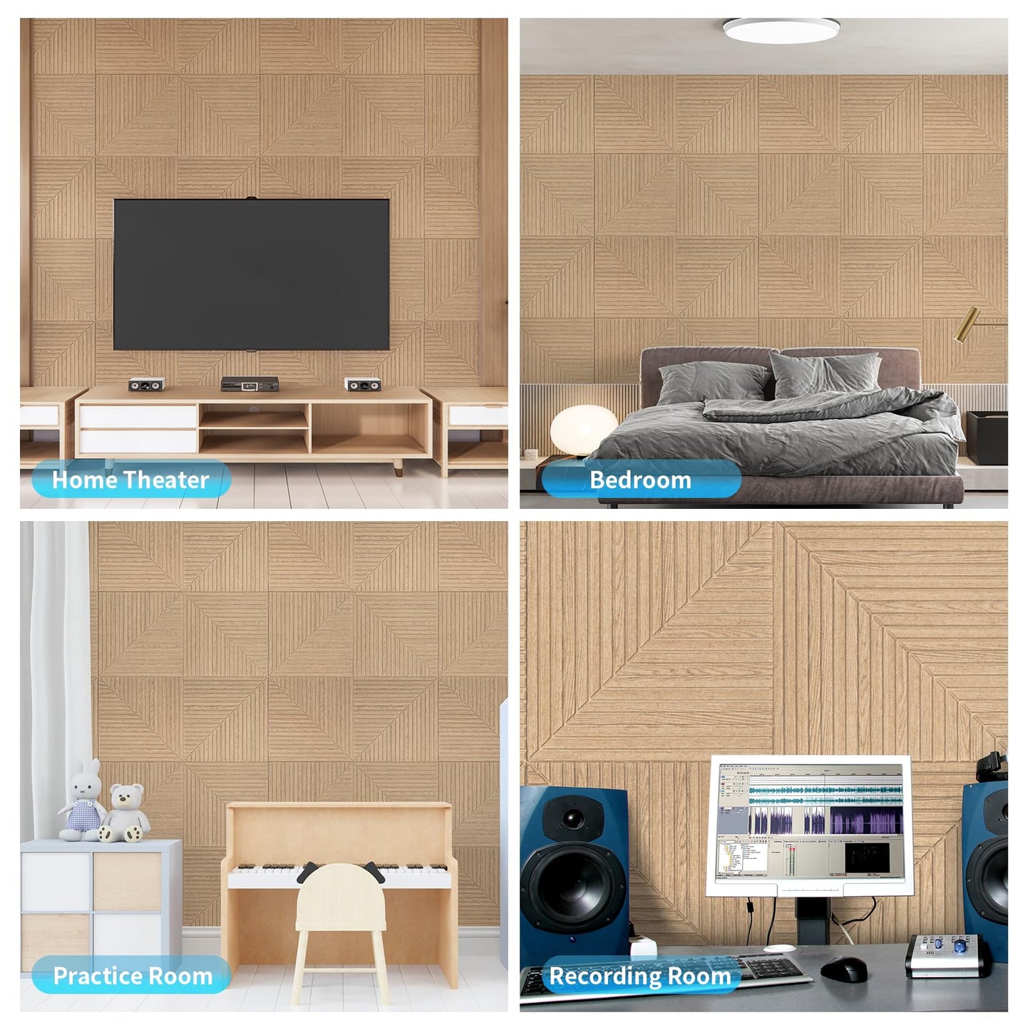 Art3d 6-Pack Self-Adhesive Acoustic Wall Panels for Home Décor, 24 x 24 Inch Soundproofing Panels for Office Studio Bedroom - High Noise Absorption Polyester Fiber, Wood Grain Airbrush