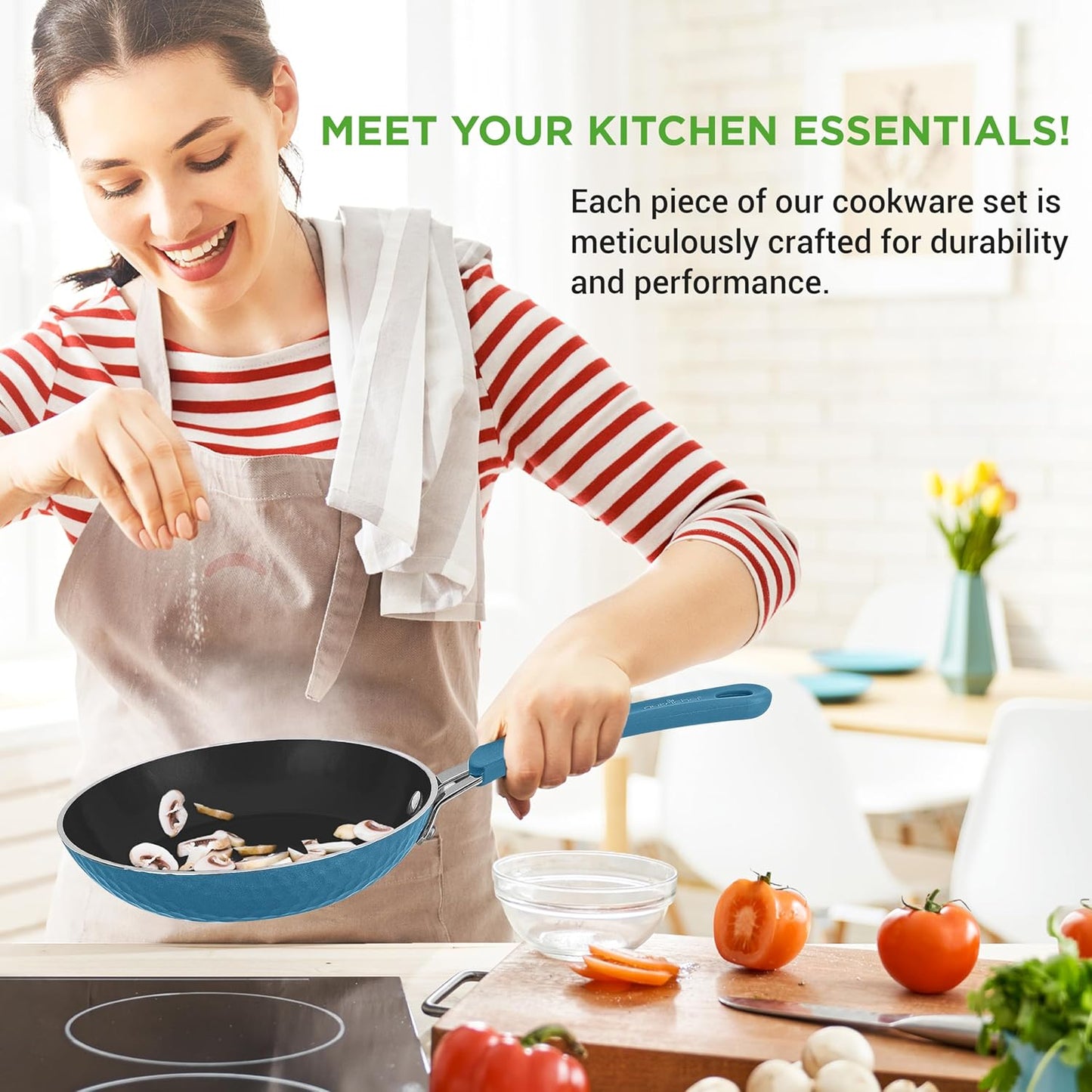 NutriChef 11-Piece Non-Stick Cookware Set | Ceramic Coating, Ergonomic Handles, Induction Ready - Royal Blue