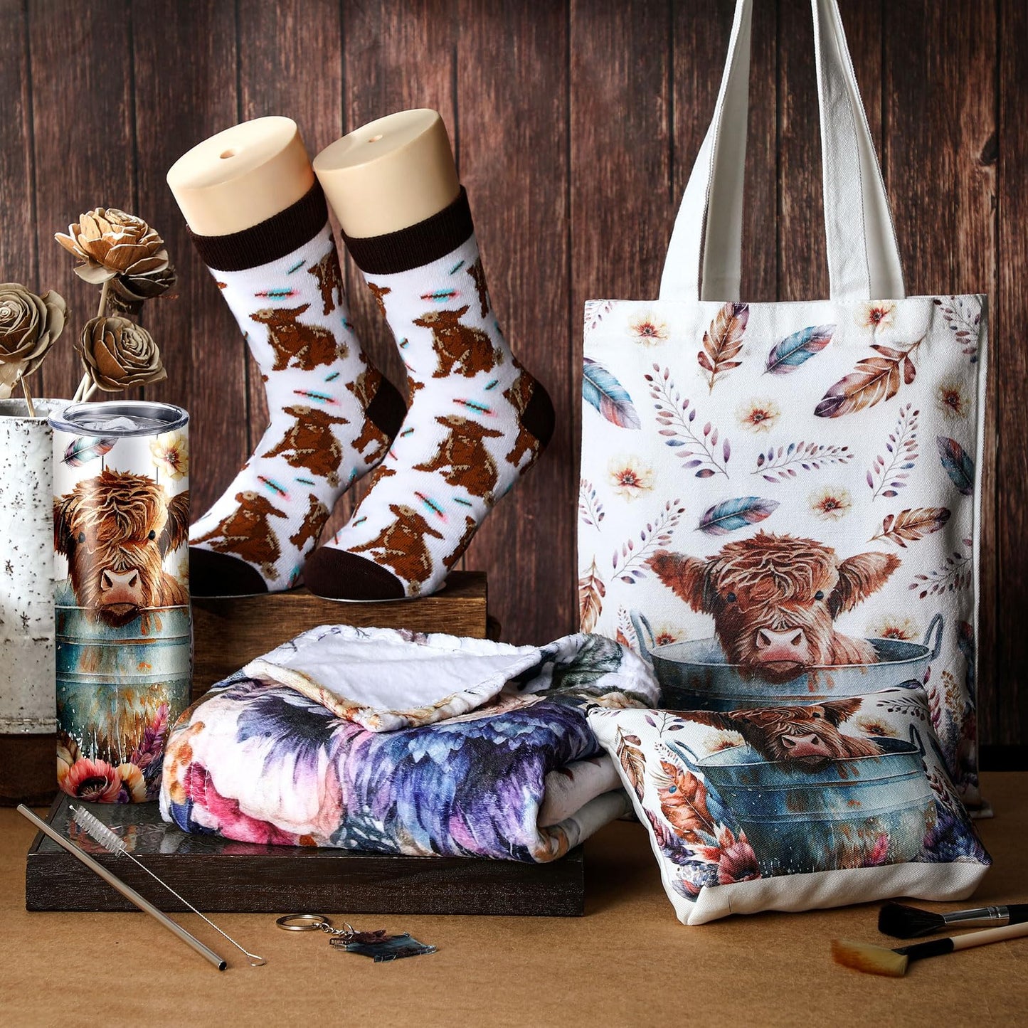 Tiangrid 6 Pcs Highland Cow Gifts for Women Include 20 oz Stainless Steel Tumbler with Lid and Straw Cosmetic Bag Throw Blanket Keychain Socks Handbag for Women Girls(Multicolor)