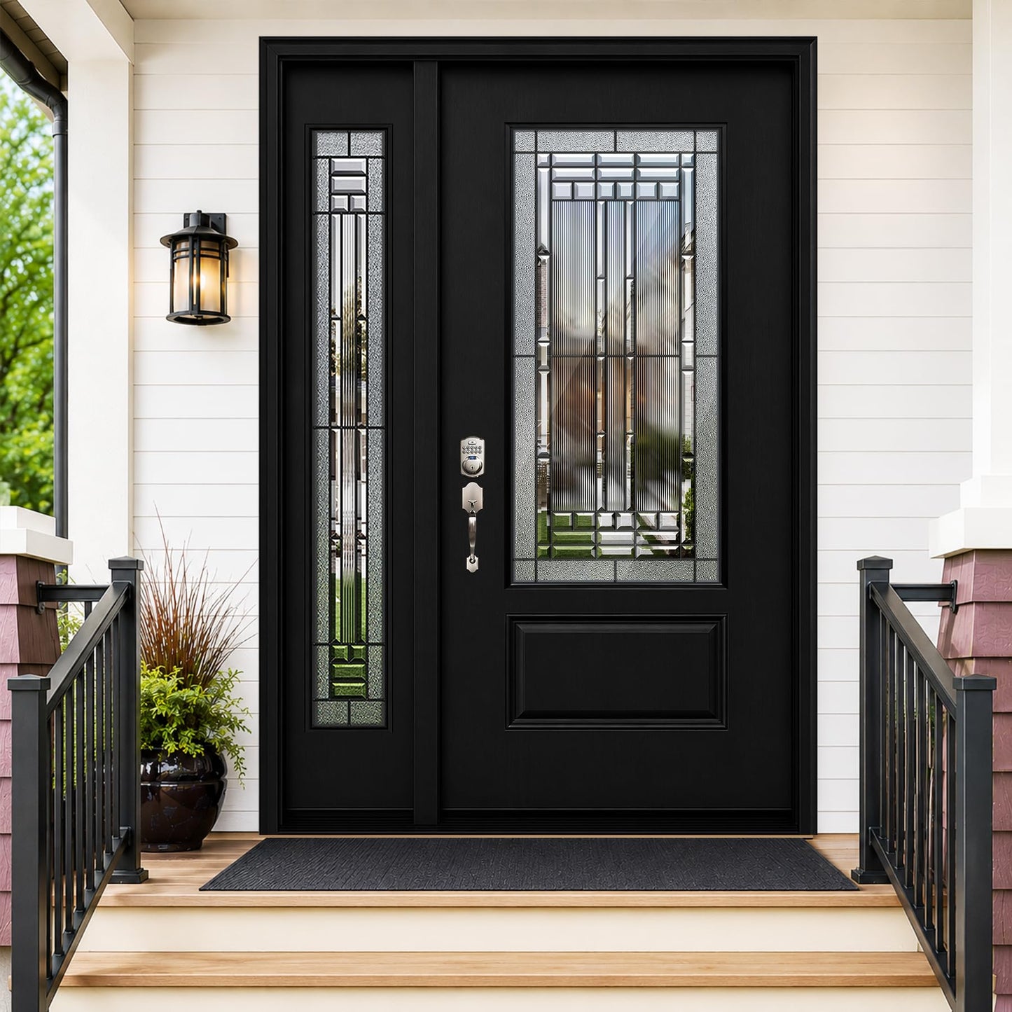 53x80in Fiberglass Front Door with 14in Sidelight, Black Exterior Entry Door for Home, Right-Hand Inswing, Textured Finished with Decorative Glass Knock-Down Door, Vinyl Frame and Brickmould Included