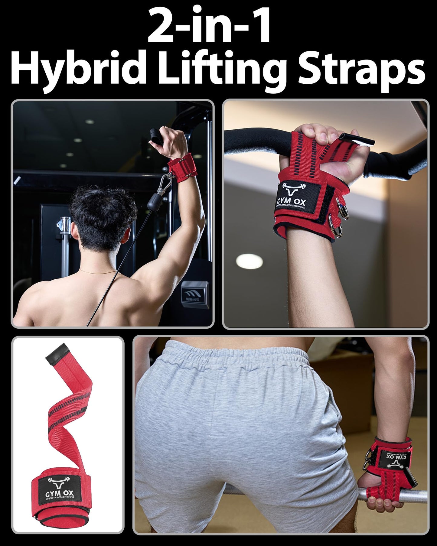 2-in-1 Weight Lifting Straps with D Ring, 7mm Neoprene Padded Wrist Support for Men & Women, Heavy Duty Gym Wrist Straps & Cable Machine Attachment for Gym, Powerlifting, Rows, Pull-ups (Red)