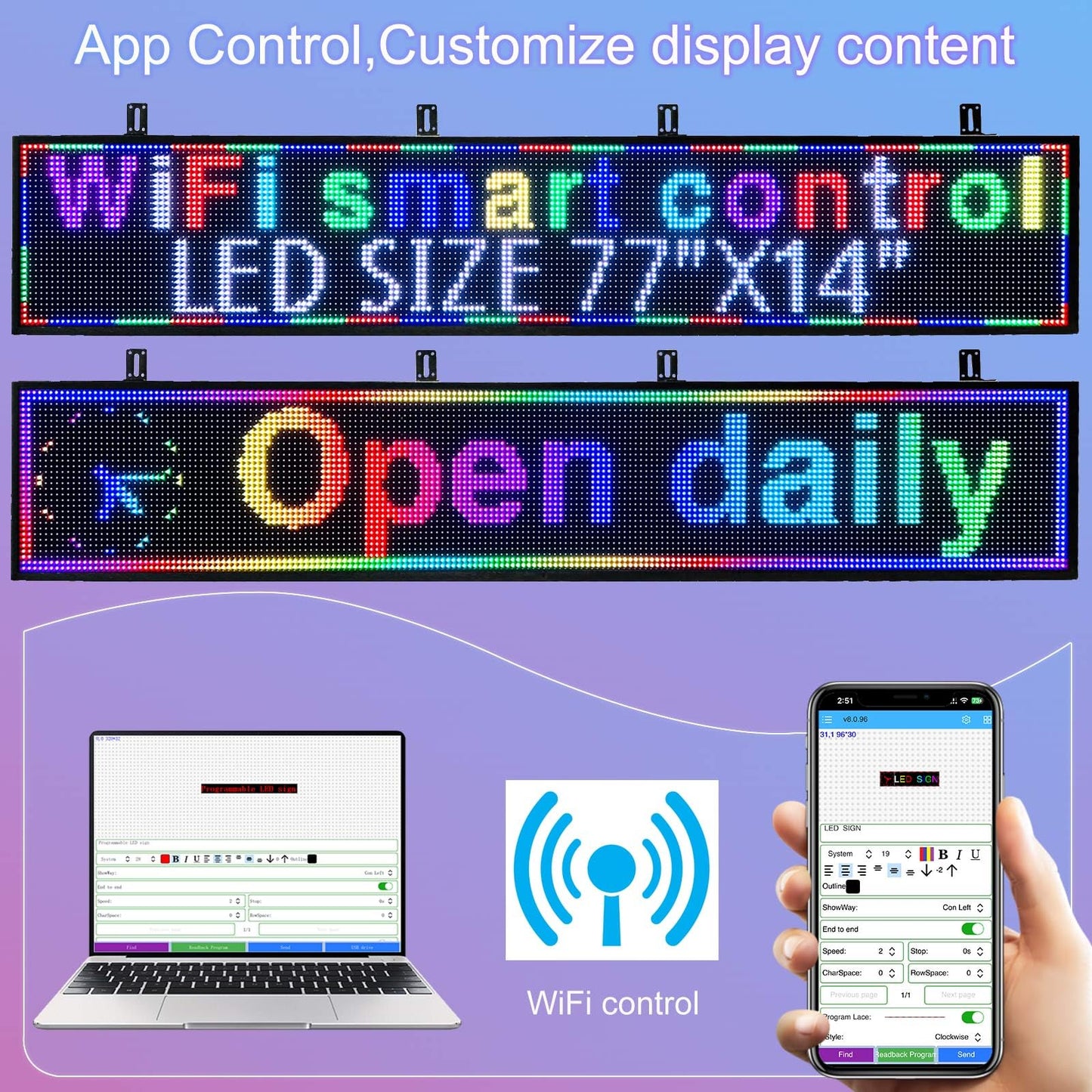 P10 Scrolling Programmable Led Sign For Business Custom Banner Advertising Outdoor Open Digital Led Display Screen Message Board Wifi Control High Brightness Neon Sign 77"X14"