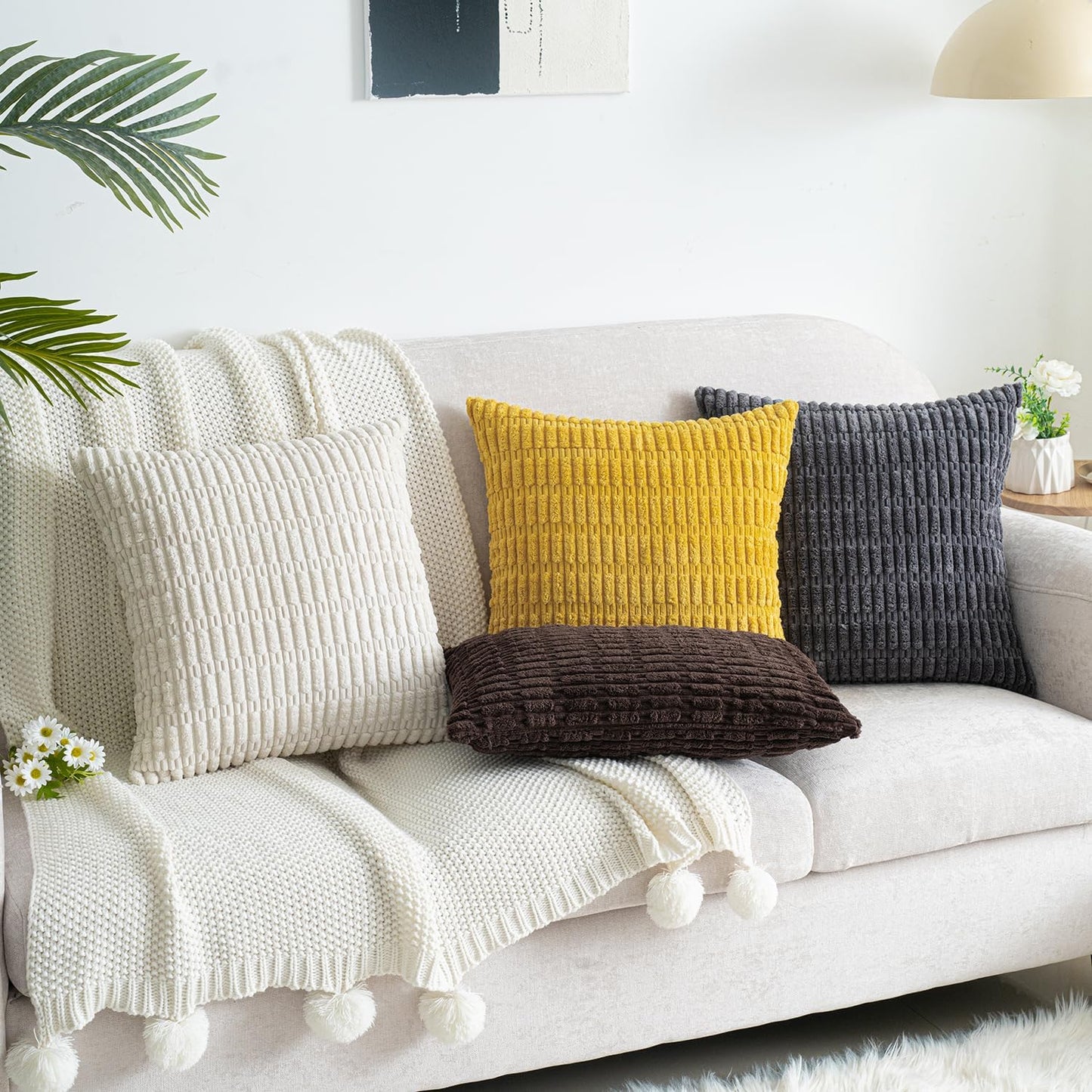 Skiennix Corduroy Throw Pillow Covers - Soft Boho Striped Design | 18x18 Inch Cream White for Modern Home Decor