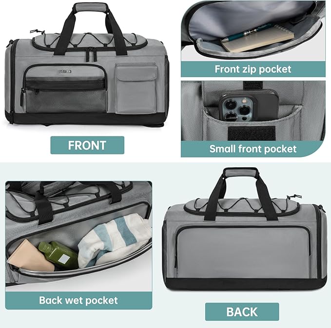 Gym Bag for Women & Men, Sports Travel Duffle Bag with Shoe Compartment, Anti-Theft Carry On Weekender Bag, Water Resistant Overnight Backpack for Airplane, Gym, Travel (Grey)