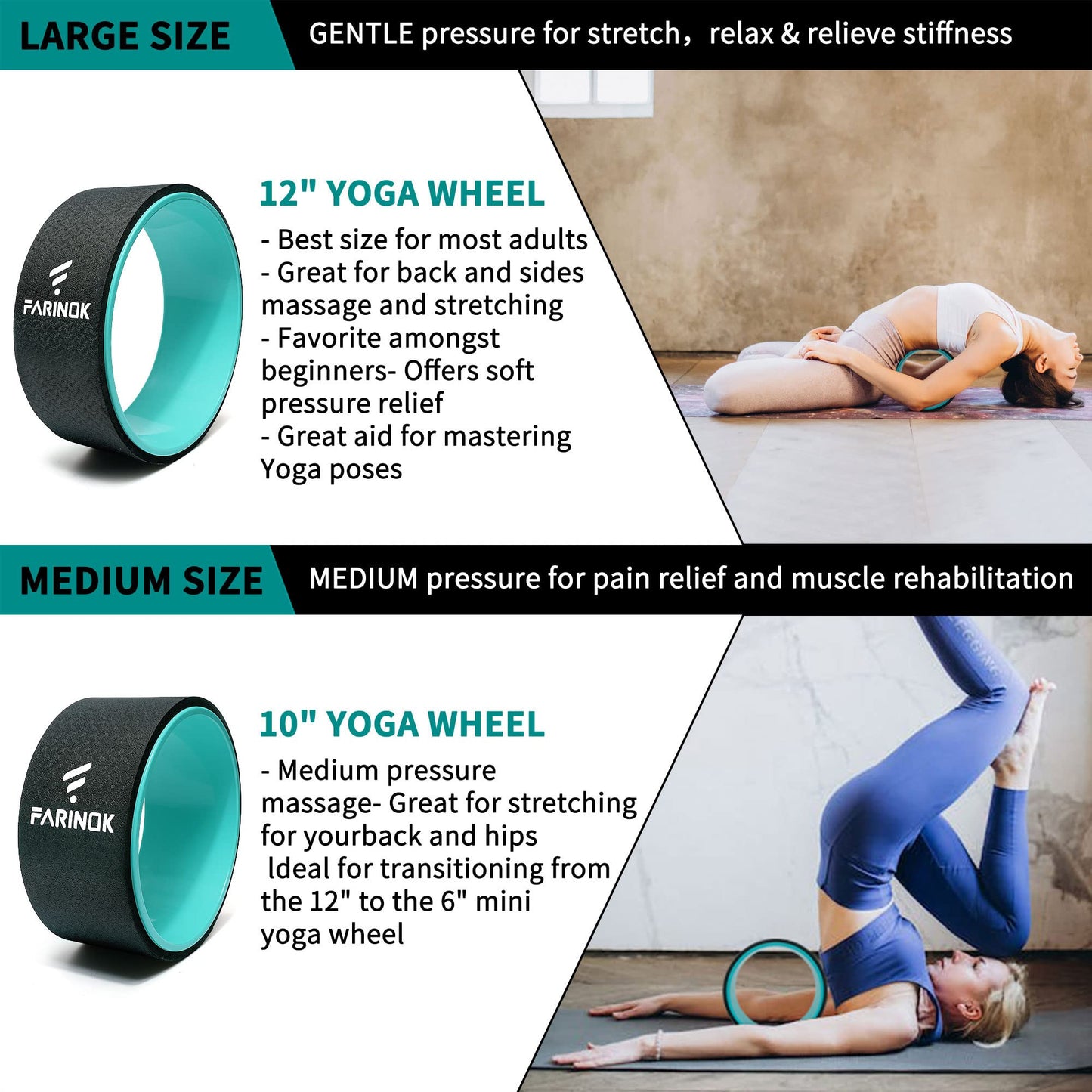 Yoga Wheel Set of 3+1, Upgraded 10MM Thick Back Wheels for Pain Relief & Stretching, Strongest Back Roller for Deep Tissue Massage, Improving Yoga Poses Backbend