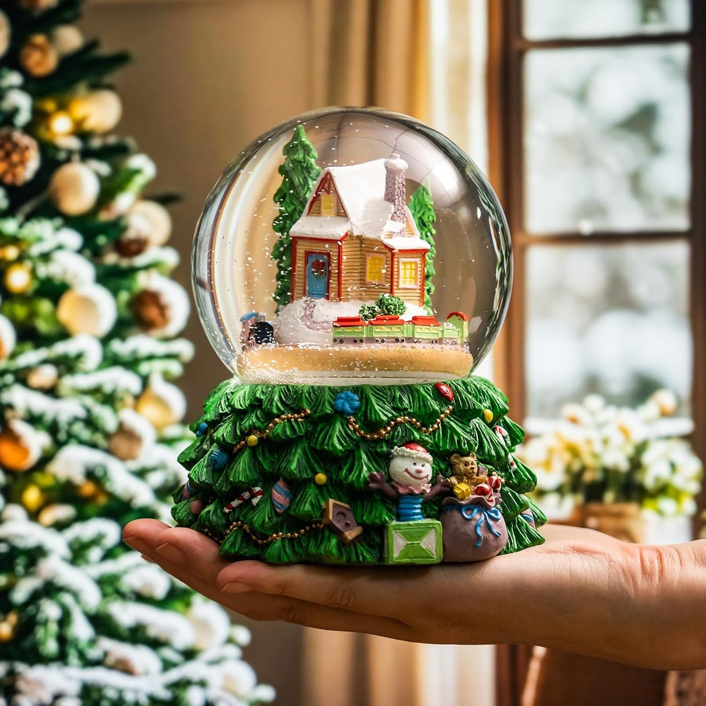 Skiennix Revolving Christmas Train Snow Globe - Color-Changing LED Music Box with 3D Tree Base