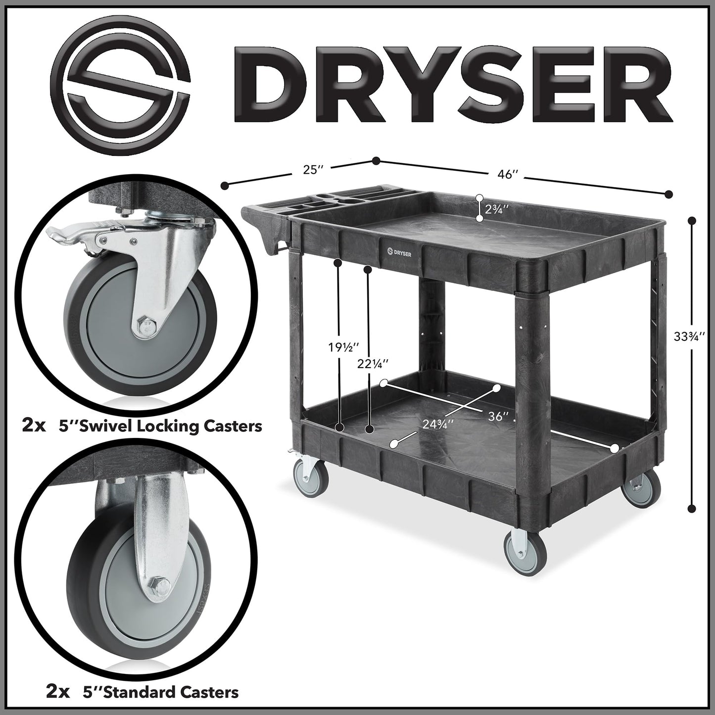 Dryser Utility Cart with Wheels, 46" x 25" Heavy Duty 550 lb. Capacity with Shelves - 2 Tier Rolling Cart with Two 5" Swivel Casters for Warehouse, Garage, Cleaning