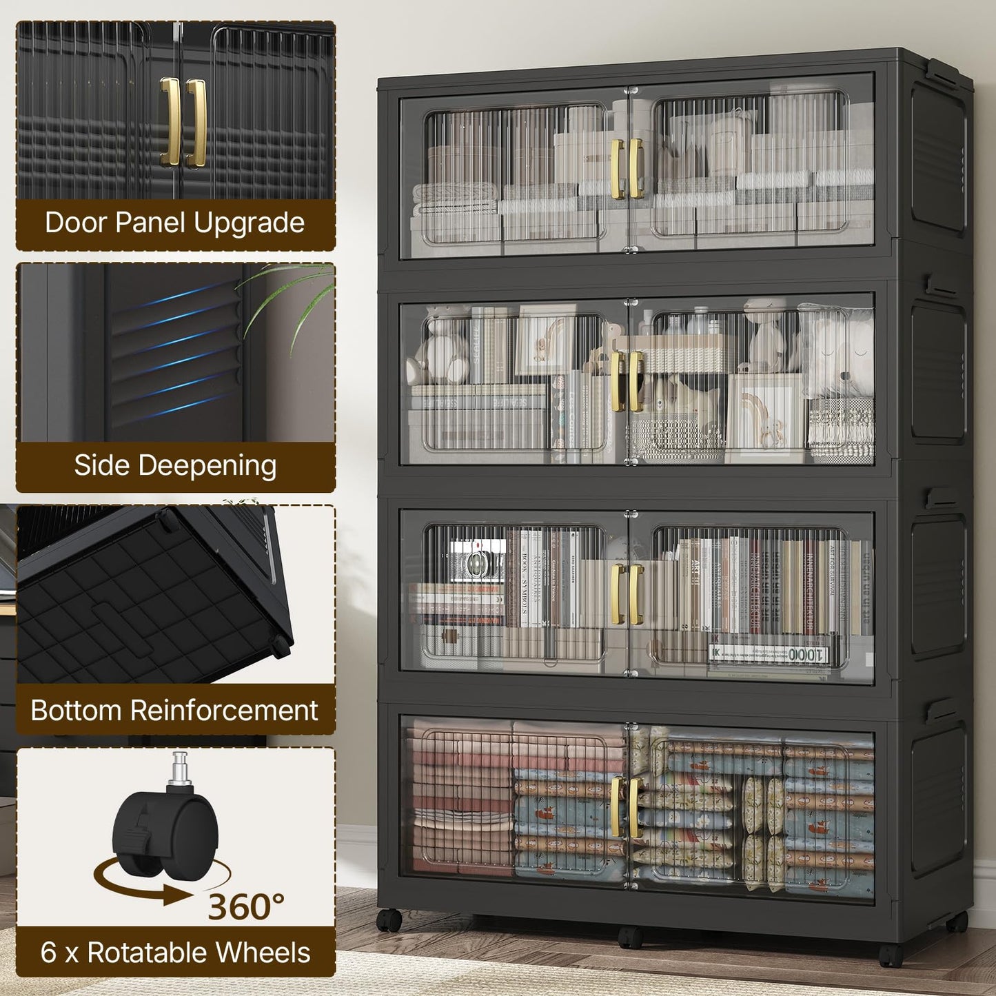 QAVAHIDUS 210Gal Extra Large Stackable Storage Bins with Lid (3-Pack), 840QT Foldable Organizer with Clear Magnetic Doors & Wheels, Plastic Cabinet for Bedroom, Garage, Dorm, Closet, Home, Kitchen