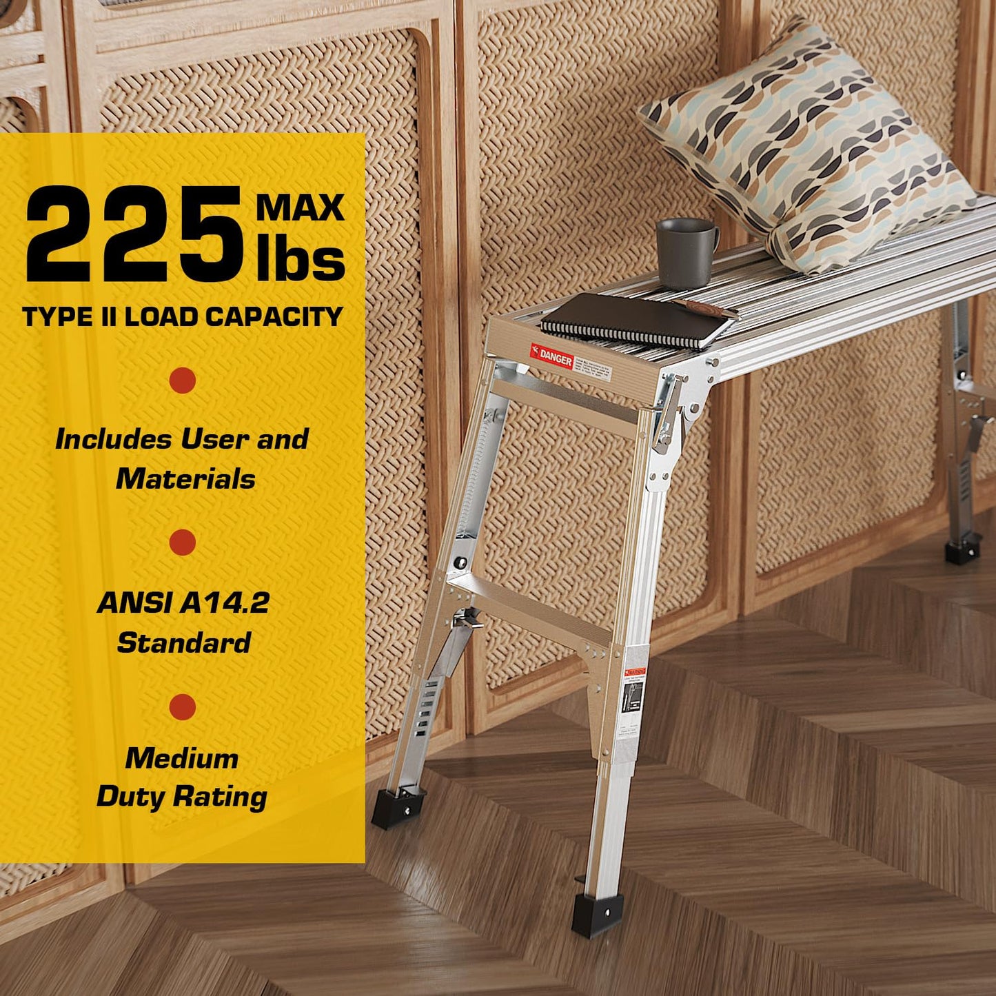 40" Aluminum Folding Work Platform/Step Stool with Telescoping Legs 22" - 27.5" Height Adjustable - 225 lbs, Non-Slip, Portable Ladder Bench for Washing, Painting