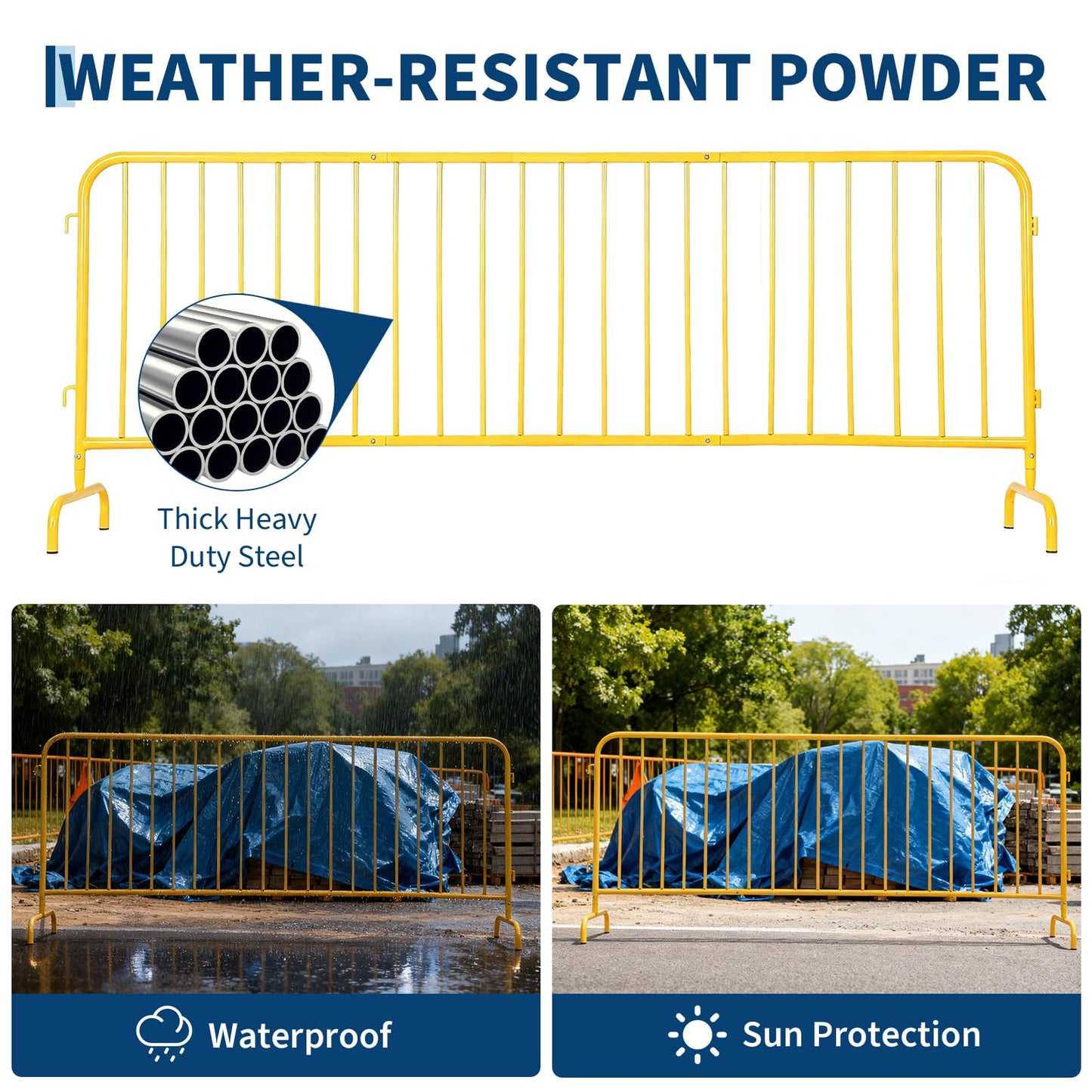 Garvee Interlocking Steel Barricade, 8.5 Ft. Heavy Duty Galvanized Metal Barricade, Interlocking Steel Road Barriers with with Bridge Feet Base, for Crowd Control Event Fencing Indoor/Outdoor, Yellow