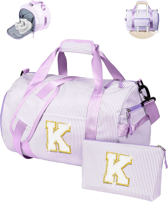Gifts for Niece, Girl Gym Bag, Kids Initial Overnight Duffel Bags with Shoe Compartment, Personalized Dance Bag with Makeup Pouch, Birthday Gift for Sister Granddaughter (Letter K)