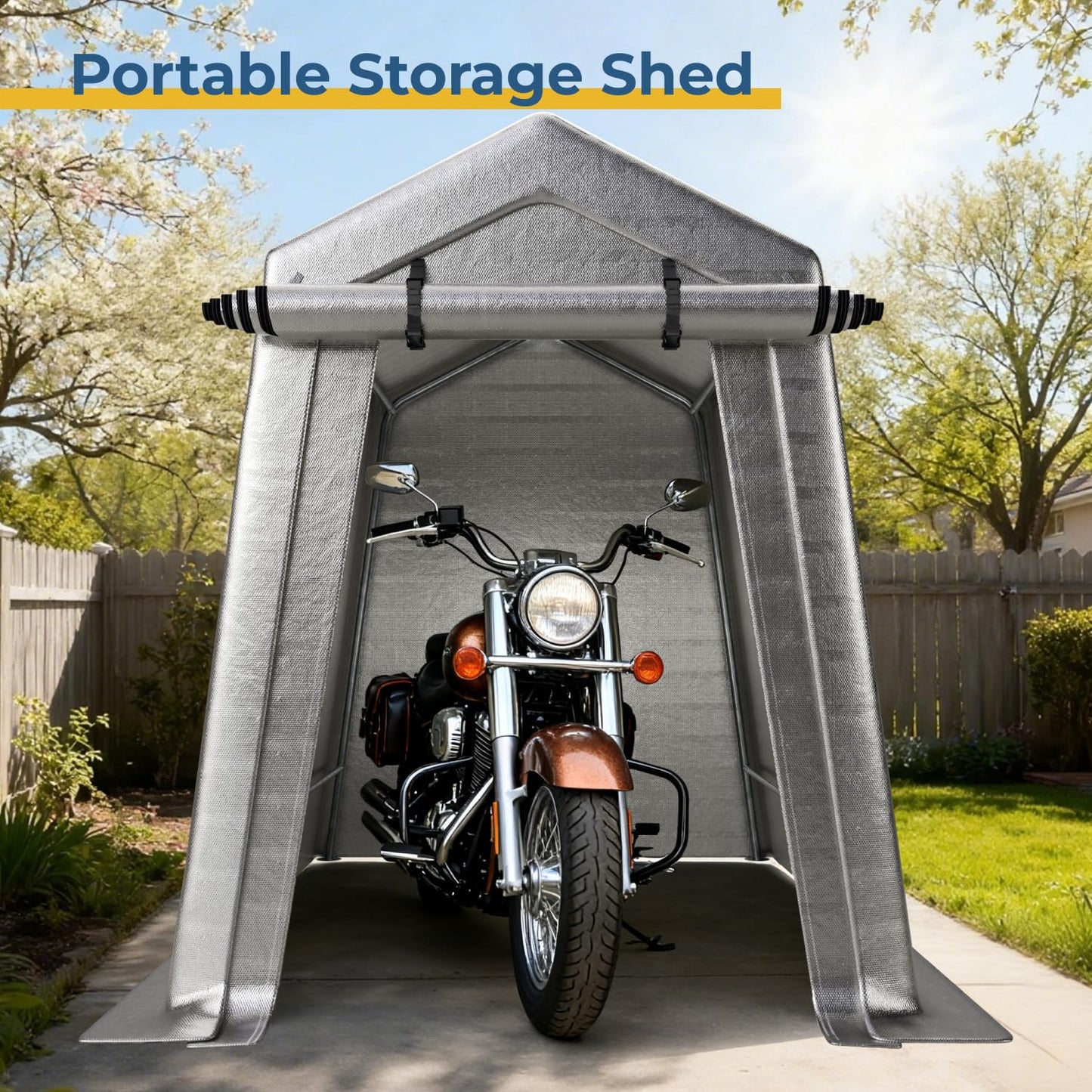 LINKHOO 6 x 8 FT Carport, Portable Shed w/220G Heavy Duty Waterproof PE Tarp, Roll-up Zipper Door & Vent, Weather-Resistant Storage Shed for Motorcycle, Bike and Tools, Gray