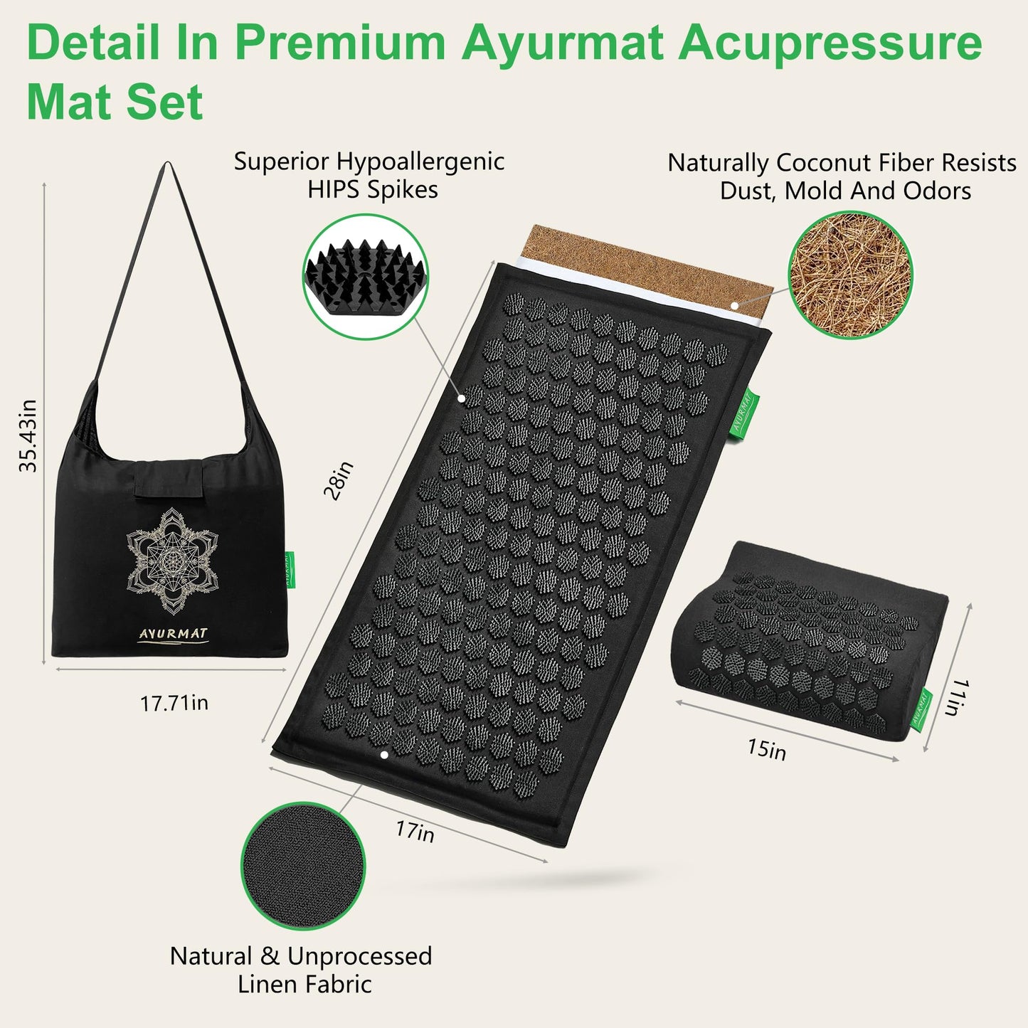 AyurMat Premium Acupressure Mat and Pillow Set - Natural Eco-Friendly Linen & Coconut Fiber,Ergonomic Design,Relieves Stress & Tension,with Carrying Bag,Full Body Pro Set