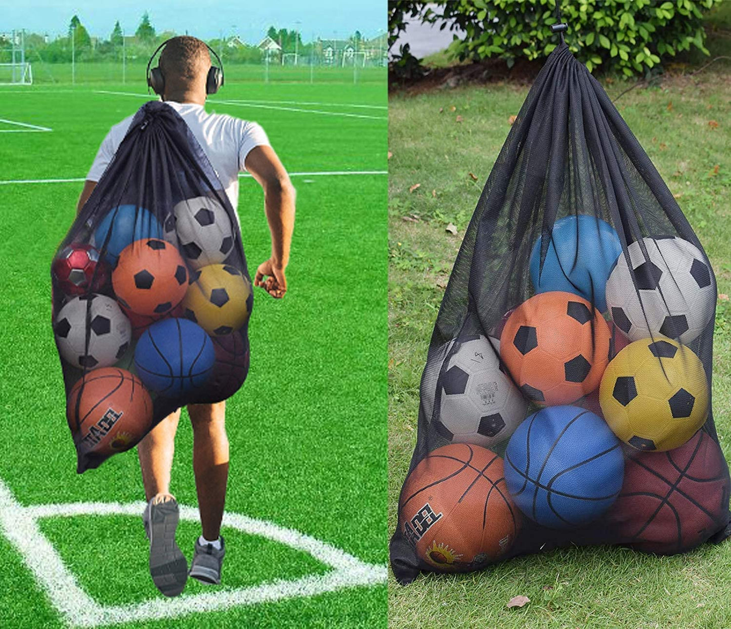 Rudmox Heavy Duty Mesh Ball Bag, Drawstring Sport Equipment Storage Bag for Basketball, Soccer, Sports Beach and Swimming Gears with Adjustable Shoulder Strap Outdoor Organizer (Black-XL)