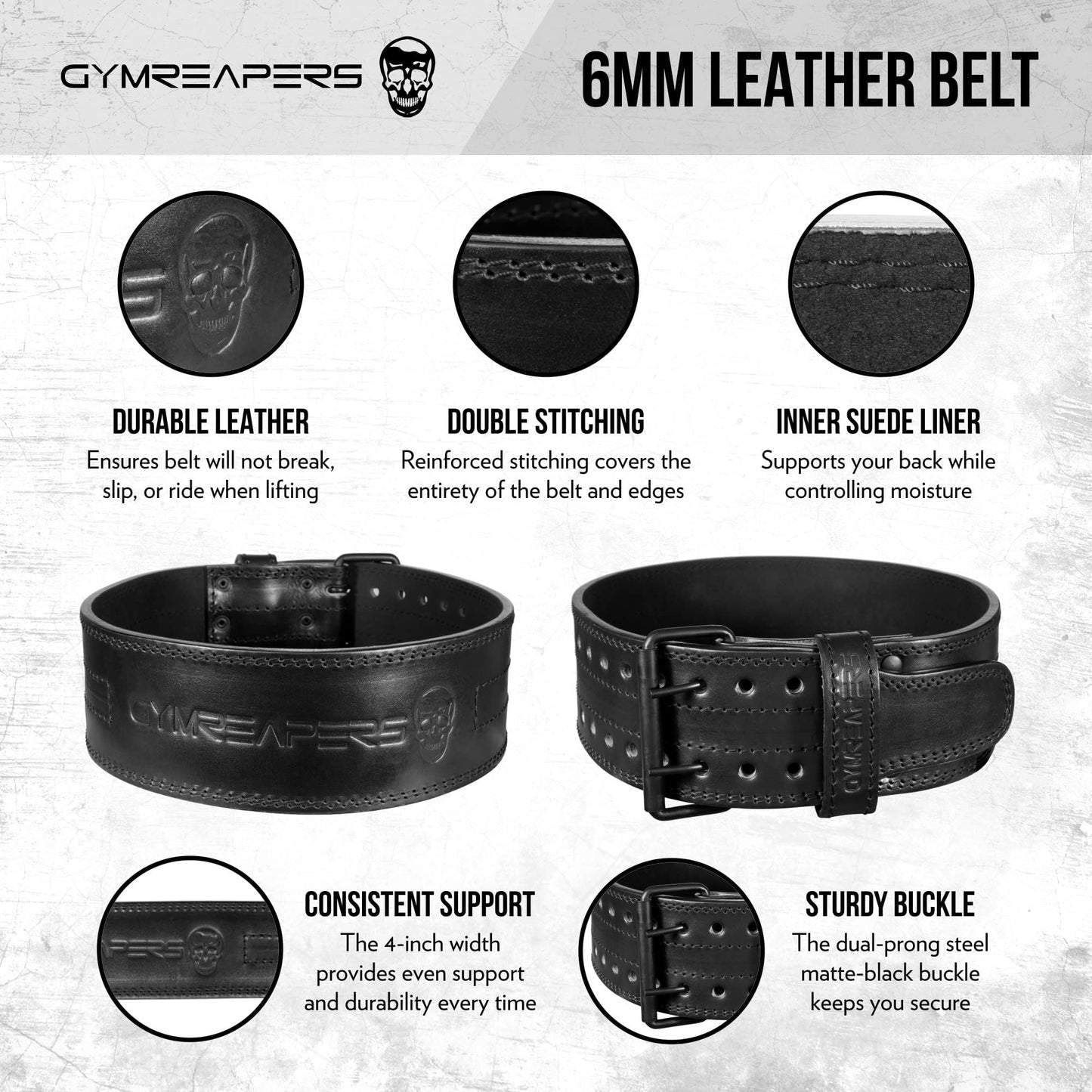 Gymreapers Weightlifting Belt 6MM Genuine Leather - Double Prong Power Belt Heavy Duty 4-Inch Wide - Strong, Stabilizing Back Support for Deadlifts, Squats Powerlifting (Black, Medium)