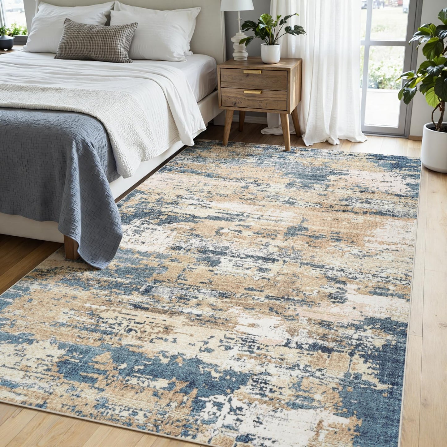 Area Rugs 5x7 Living Room: Large Soft Washable Rug Modern Abstract Anti-Skid Non-Shedding Carpet Indoor Floor Thin Carpets for Bedroom Dining Room Farmhouse Nursery Home Office Brown Blue
