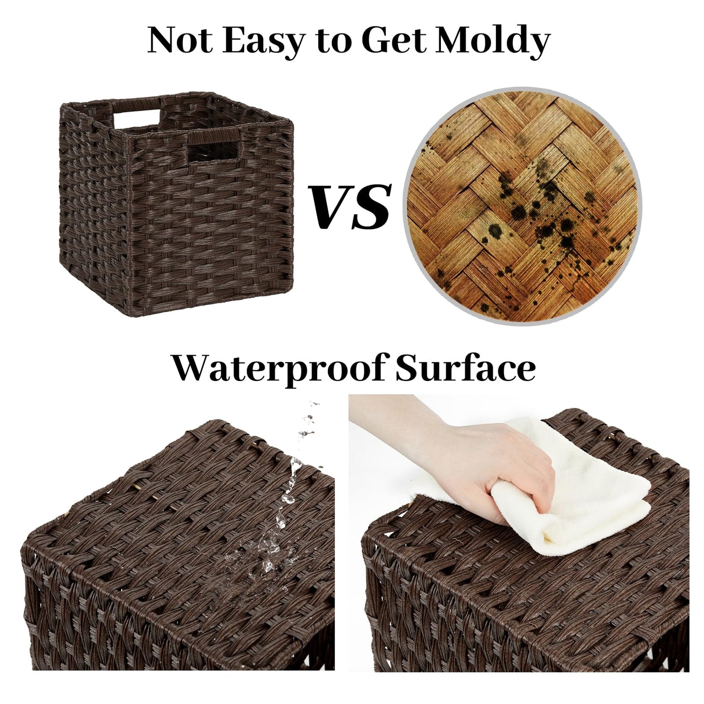 DULLEMELO Wicker Storage Baskets 11x11 Cube Storage Bins for Organizing Plastic Woven Baskets Set of 4 Waterproof Wowen Storage Cube Organizer for Pantry Closet Set of 4 - Deep Coffee