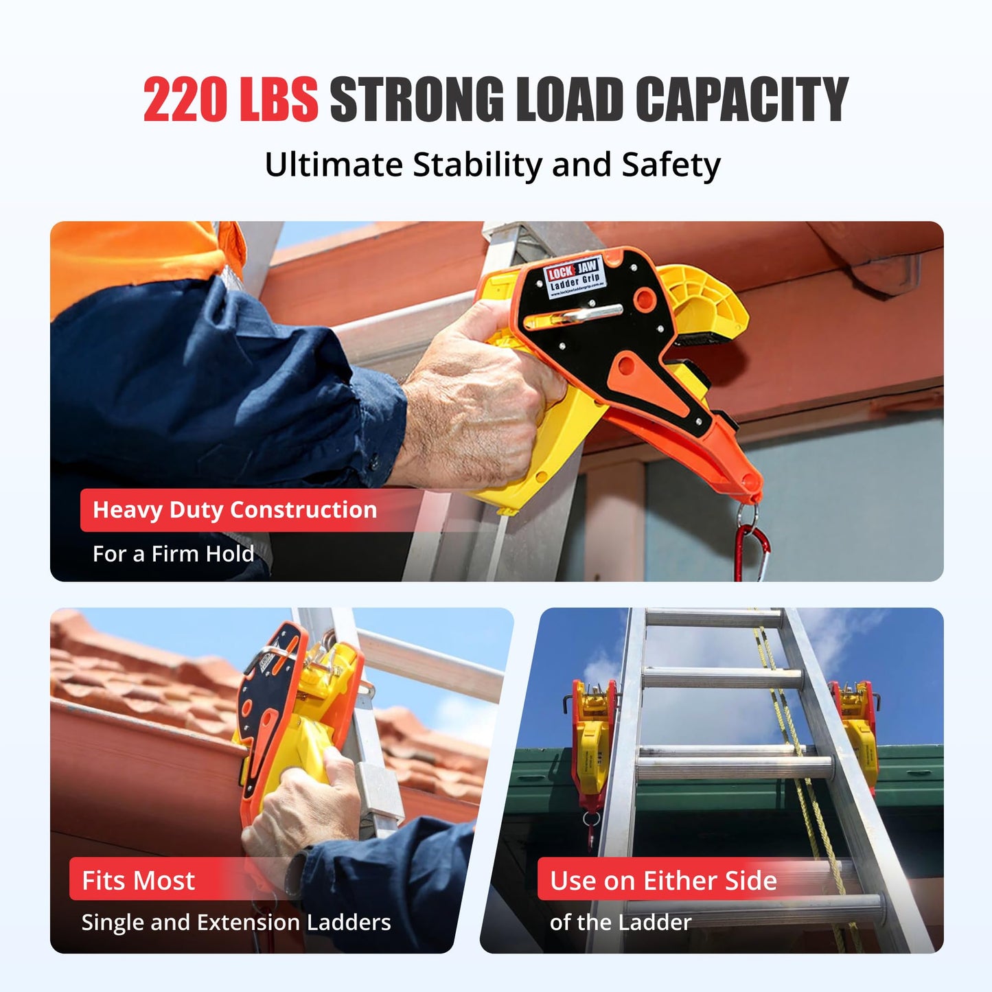 Lock Jaw Roof Ladder Stabilizer Hook for Gutter - Standoff in 5 Seconds with Slide-Lock Security - Prevent Aluminum Ladders Top Movement & Falls - Award-Winning Extension Ladder Accessories for Roof