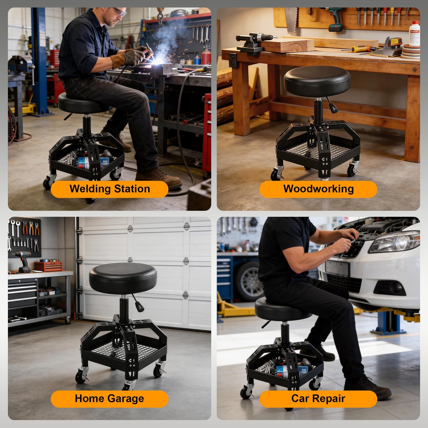 Frassie Rolling Mechanic Stool Garage Seat with Tool Tray, Height Adjustable 25.2"-29.1" Shop Stool with Brake Wheels for Auto Repair Workshop Steel Frame 300LBS Capacity