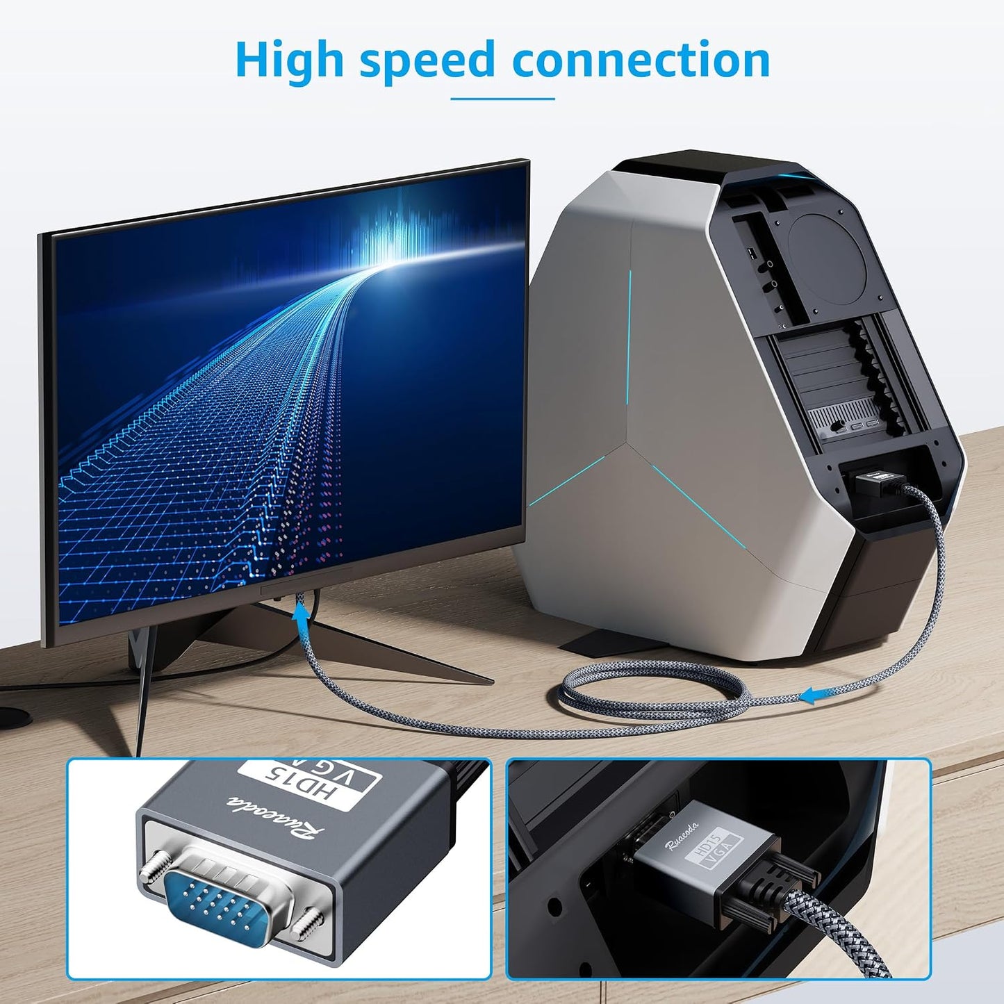3 15 1080P VGA to VGA Cable ft, Nylon Braided Pin Monitor Cord with Aluminum Shell, Full HD PC Display Wire