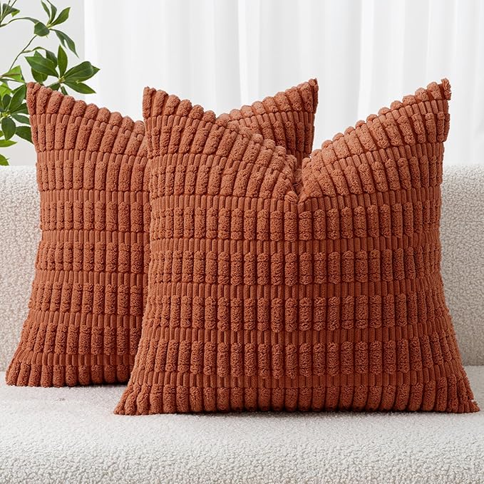 MIULEE Pack of 2 Corduroy Decorative Throw Pillow Covers 16x16 Inch Soft Boho Striped Pillow Covers Modern Farmhouse Home Decor for Sofa Living Room Couch Bed Rust