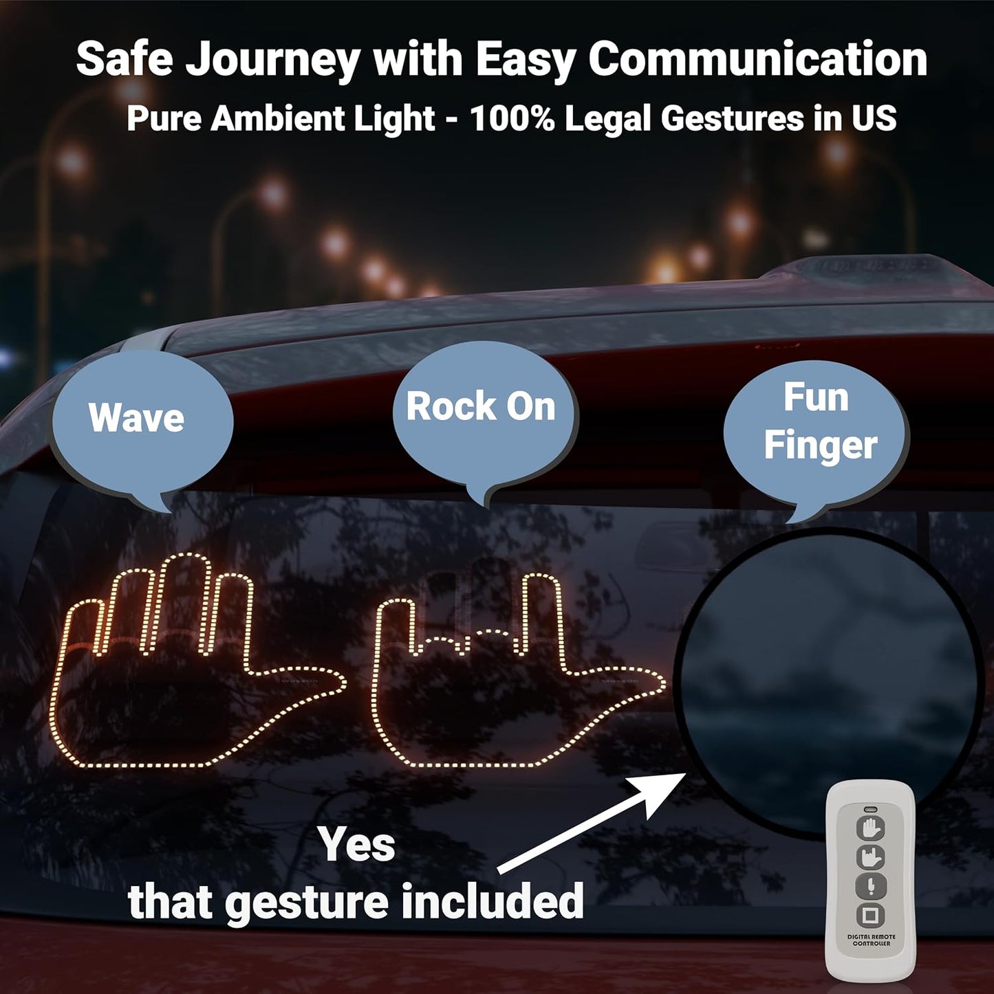 3 Communicate WaveOn Pro Gestures LED Display Fun Finger Car Light with Remote | with Other Drivers | Glogesture LED